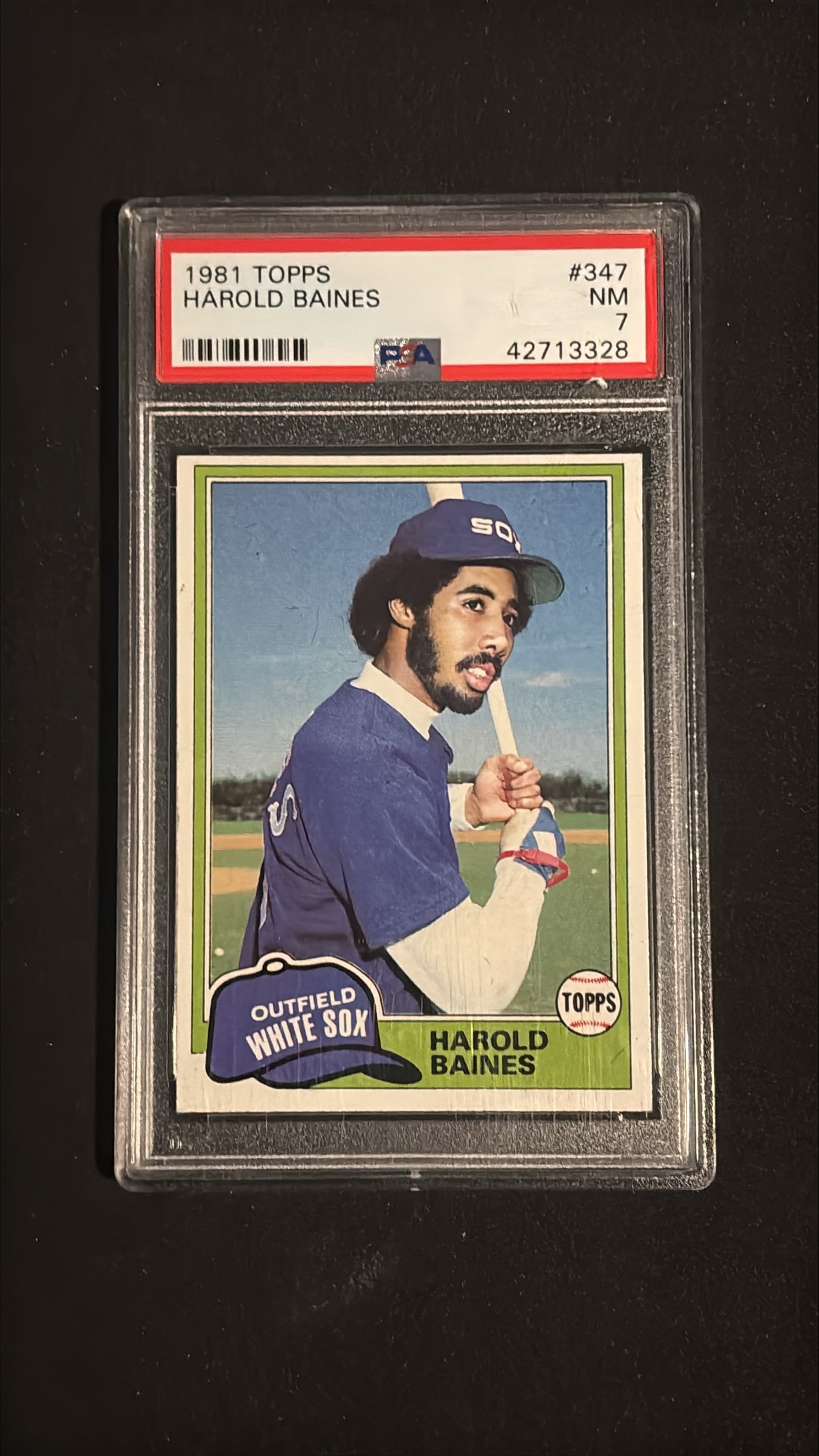 1981 Topps #347 Harold Baines Rookie RC PSA 7 NM - Chicago White Sox: 1981 Topps #347 Harold Baines Rookie Card, Chicago White Sox. Graded PSA 7 NM with PSA certification number 42713328. Baines is a Hall of Fame outfielder/designated hitter and this 1981 Topps issue is