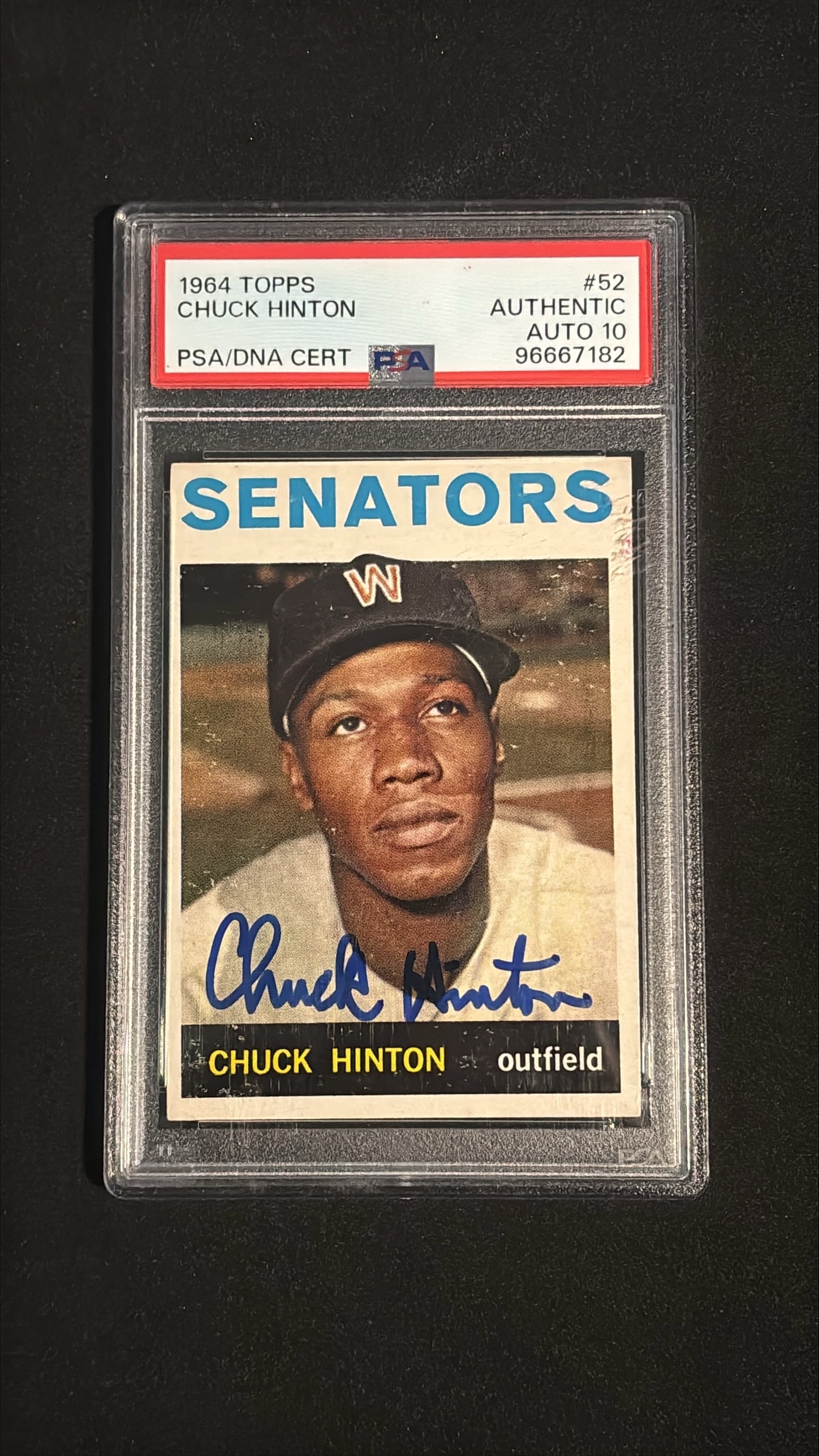 1964 Topps #52 Chuck Hinton Signed Auto PSA/DNA Auto 10 - Washington Senators: 1964 Topps #52 Chuck Hinton, Washington Senators, signed on the front in blue marker. PSA/DNA certified authentic autograph with AUTO 10 grade; card itself is authenticated/slabbed and not assigned a 