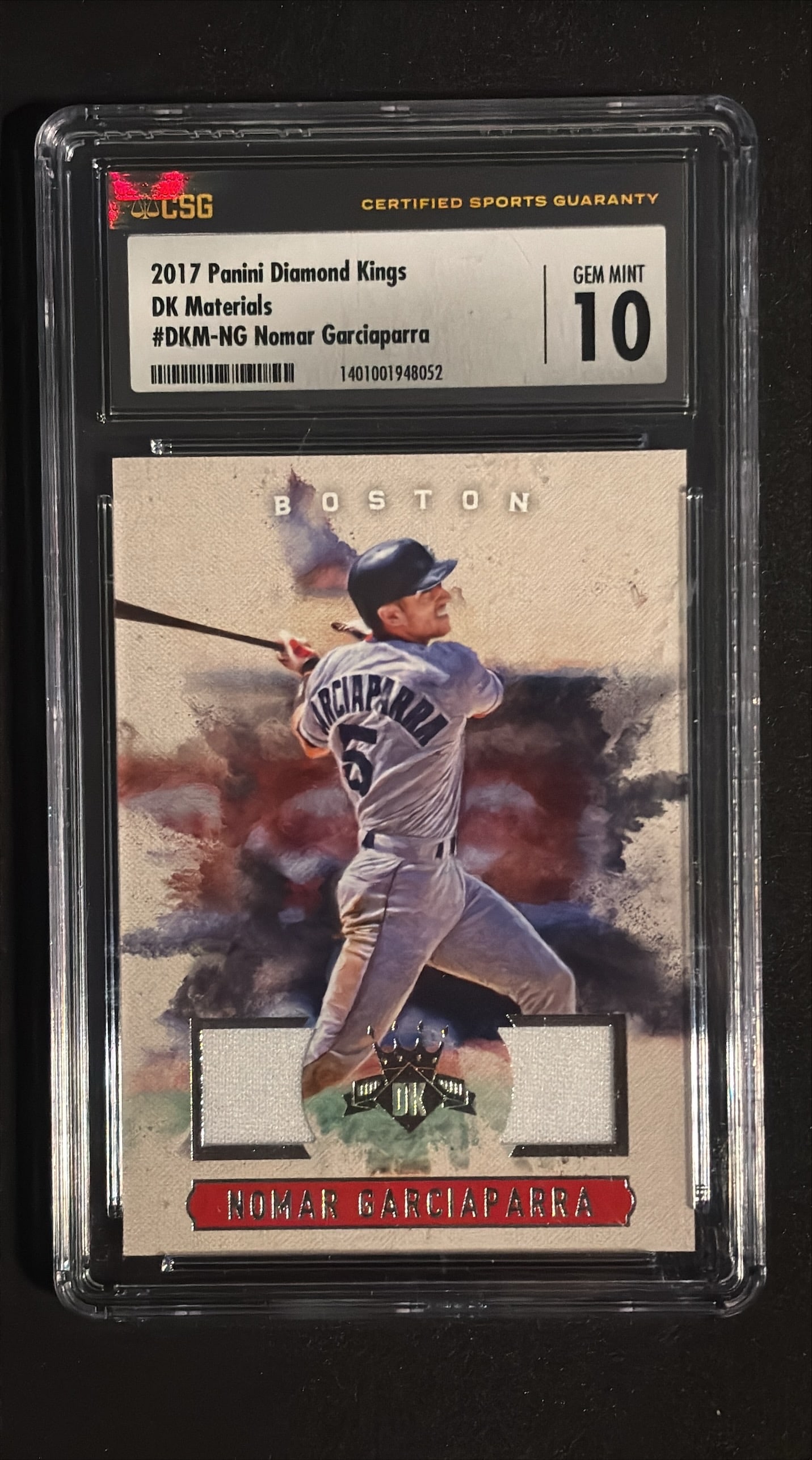 2017 Panini Diamond Kings DK Materials #DKM-NG Nomar Garciaparra CSG 10 GEM MINT - Boston Red Sox: 2017 Panini Diamond Kings DK Materials #DKM-NG Nomar Garciaparra dual game-used memorabilia card, Boston Red Sox. Graded CSG 10 GEM MINT with certification number 1401001948052. The DK Materials inser