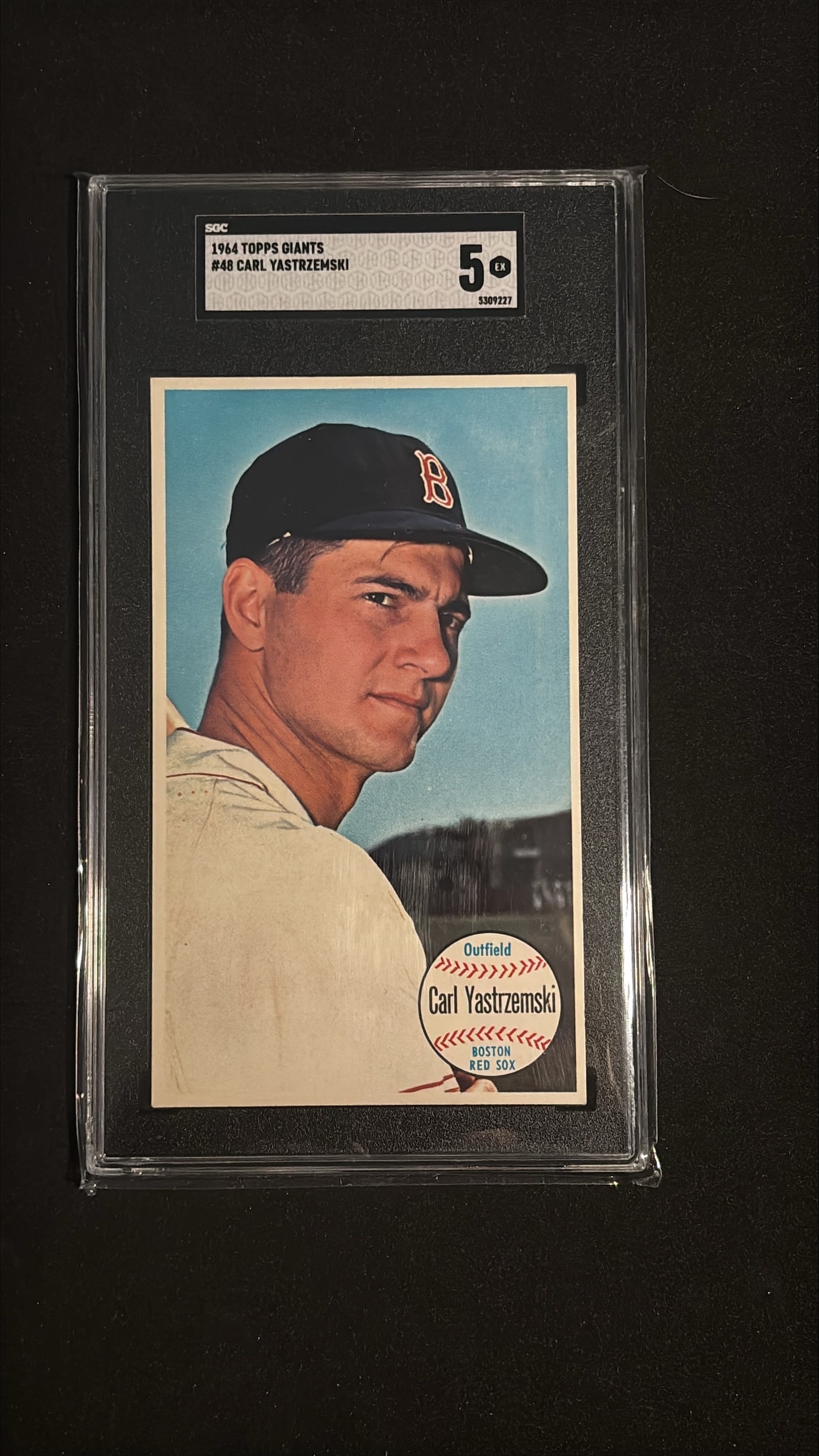 1964 Topps Giants #48 Carl Yastrzemski SGC 5 EX - Boston Red Sox: 1964 Topps Giants #48 Carl Yastrzemski oversized baseball card, Boston Red Sox. Graded SGC 5 EX with certification number 5309227. Carl Yastrzemski is a Hall of Fame outfielder, 1967 American League T