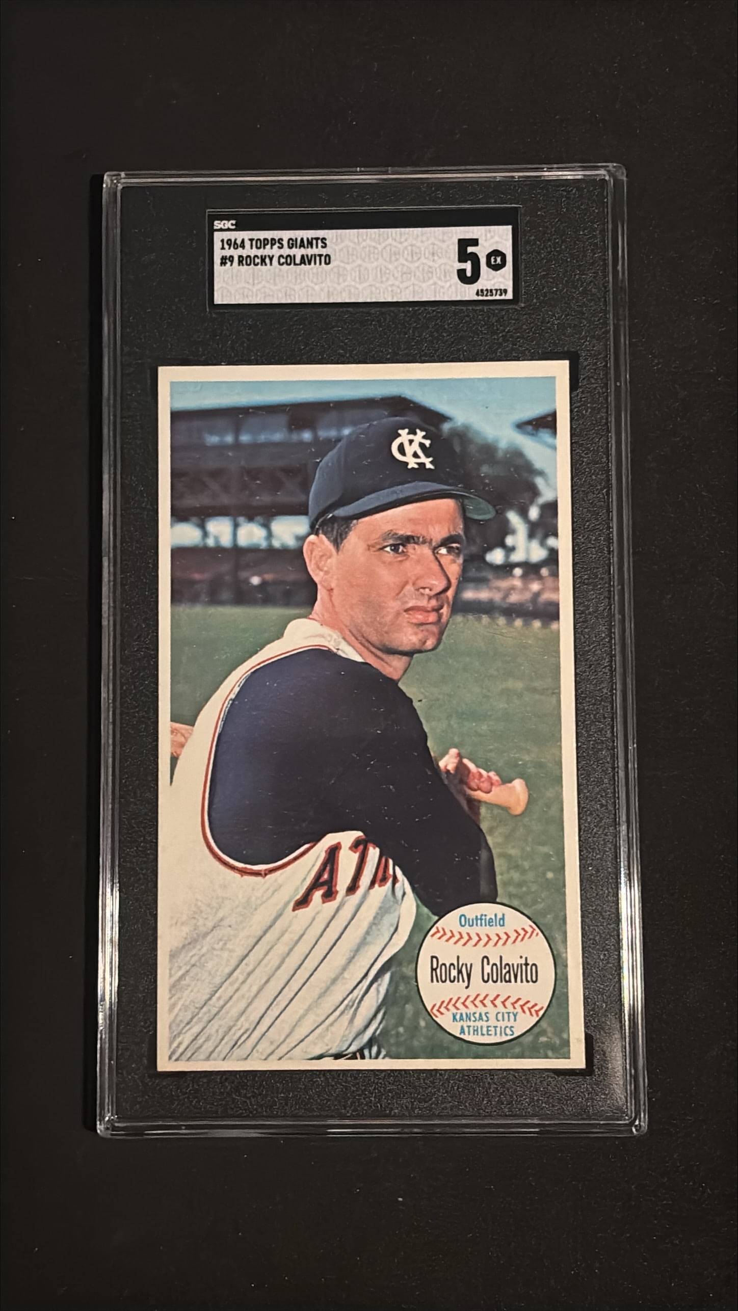 1964 Topps Giants #9 Rocky Colavito SGC 5 EX - Kansas City Athletics: 1964 Topps Giants #9 Rocky Colavito oversized baseball card, Kansas City Athletics. Graded SGC 5 EX with certification number 4523739. Colavito was one of the American League's premier power hitters o