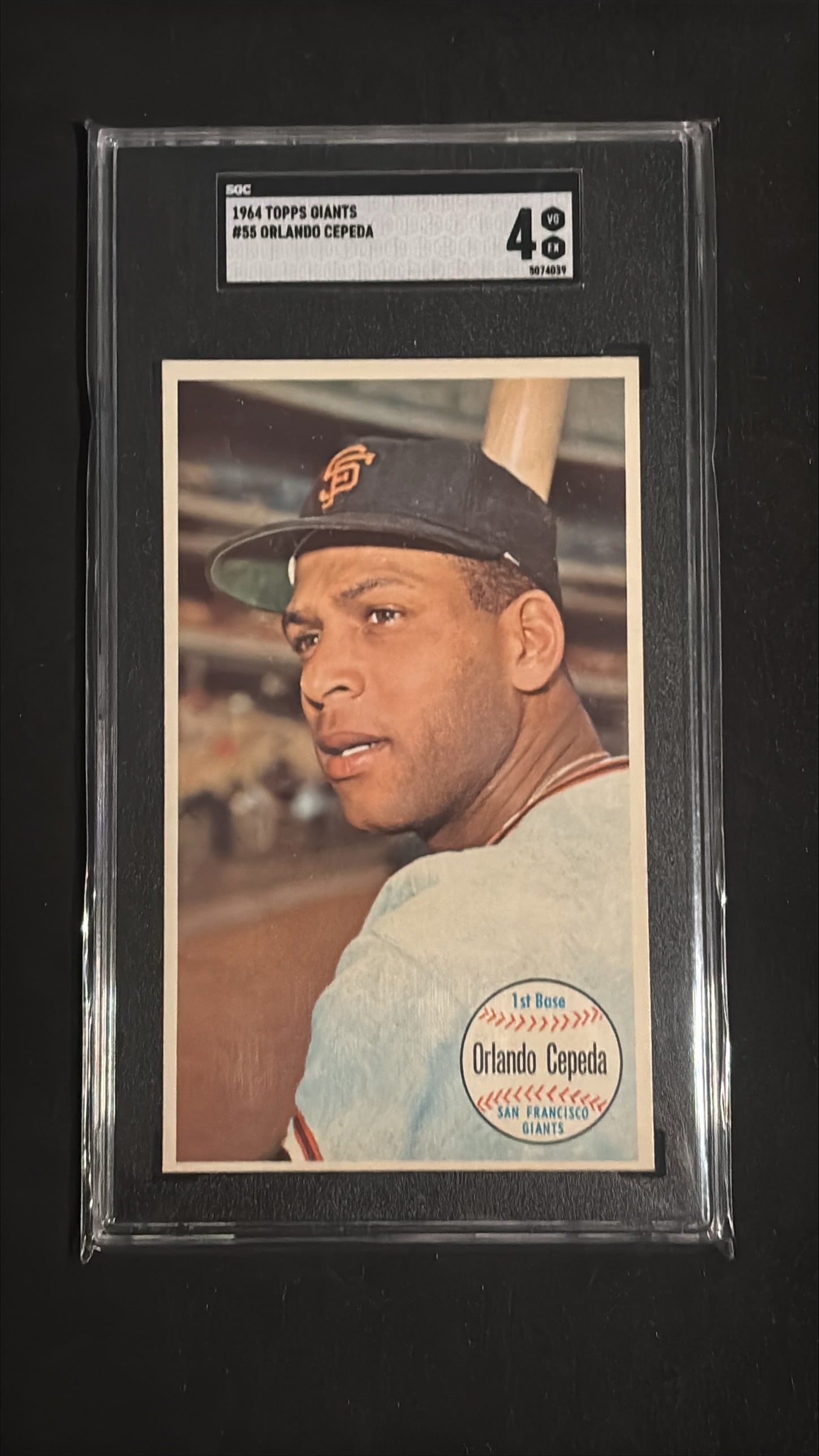 1964 Topps Giants #55 Orlando Cepeda SGC 4 VG-EX - San Francisco Giants: 1964 Topps Giants #55 Orlando Cepeda oversized baseball card, San Francisco Giants. Graded SGC 4 VG-EX. Hall of Fame slugger and 1967 National League MVP; vintage Topps Giants issue with strong collec