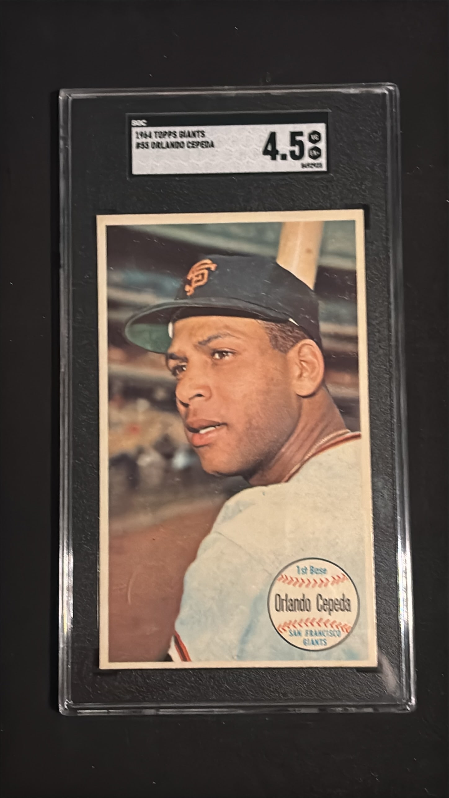 1964 Topps Giants #55 Orlando Cepeda SGC 4.5 VG-EX+ - San Francisco Giants: 1964 Topps Giants #55 Orlando Cepeda oversized baseball card, San Francisco Giants. Graded SGC 4.5 VG-EX+. Hall of Fame first baseman and 1967 National League MVP, shown in the classic 1964 Topps Gian