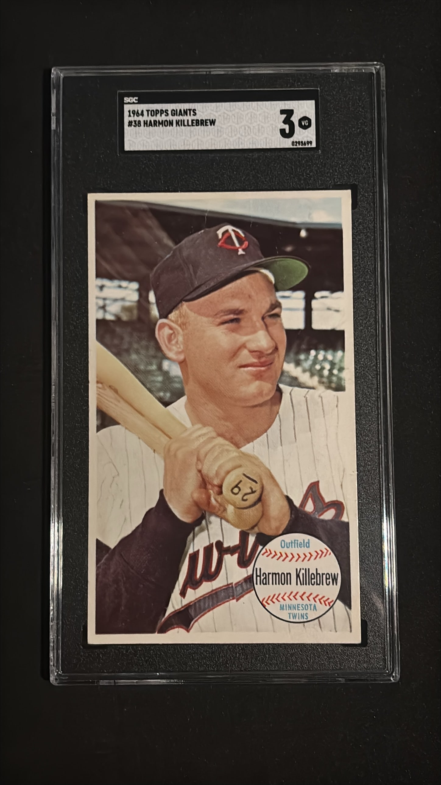1964 Topps Giants #38 Harmon Killebrew SGC 3 VG - Minnesota Twins: 1964 Topps Giants #38 Harmon Killebrew oversized baseball card, Minnesota Twins. Graded SGC 3 VG. Hall of Fame slugger and one of baseball?s premier home run hitters, shown in the classic 1964 Topps G