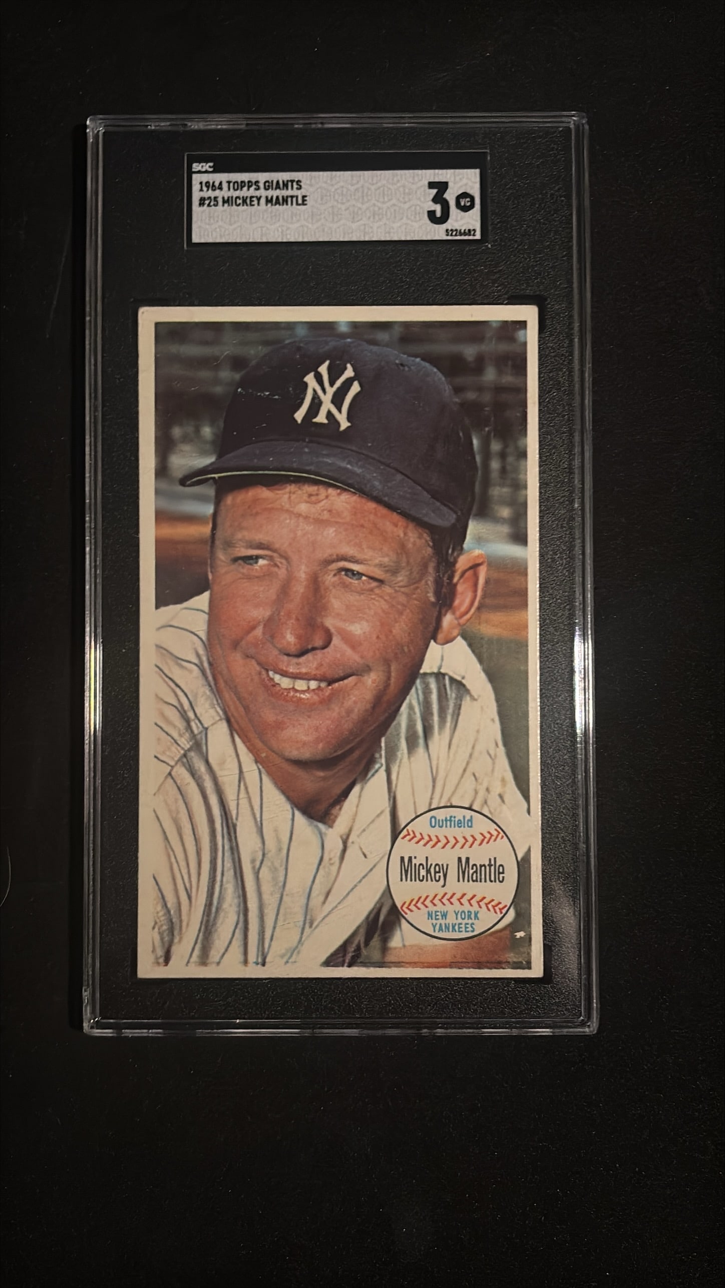 1964 Topps Giants #25 Mickey Mantle SGC 3 VG - New York Yankees Hall of Famer (Copy 2): 1964 Topps Giants #25 Mickey Mantle graded SGC 3 (VG - Very Good). This is the iconic Mickey Mantle card from the premium 1964 Topps Giants set, which features large postcard-sized (3-1/8" x 5-1/4") c
