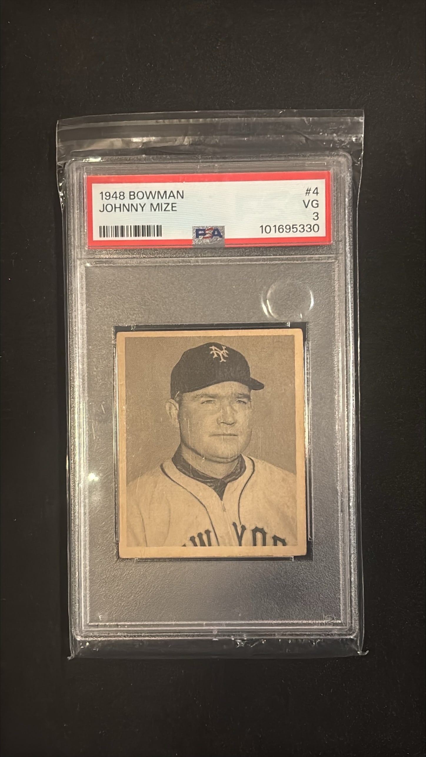 1948 Bowman #4 Johnny Mize Rookie RC PSA 3 VG - New York Giants Hall of Famer: 1948 Bowman #4 Johnny Mize graded PSA 3 (VG - Very Good). This is a classic early Bowman rookie card of the legendary Johnny Mize, one of the greatest sluggers in baseball history. Mize was a Hall of 