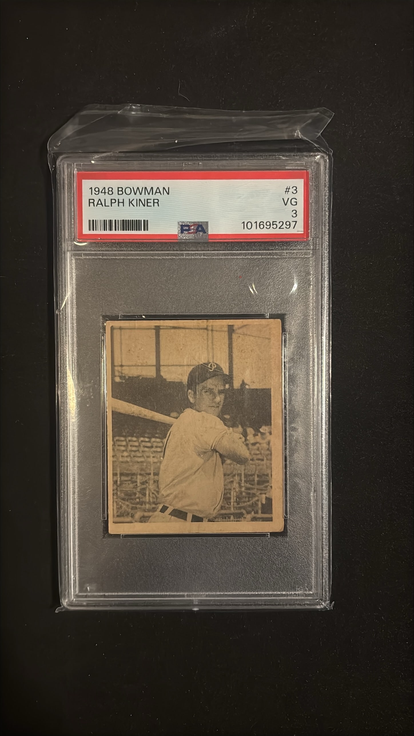 1948 Bowman #3 Ralph Kiner Rookie RC PSA 3 VG - Pittsburgh Pirates Hall of Famer: 1948 Bowman #3 Ralph Kiner graded PSA 3 (VG - Very Good). This is a classic early Bowman rookie card of Hall of Famer Ralph Kiner, one of the greatest sluggers in baseball history. Kiner was inducted 