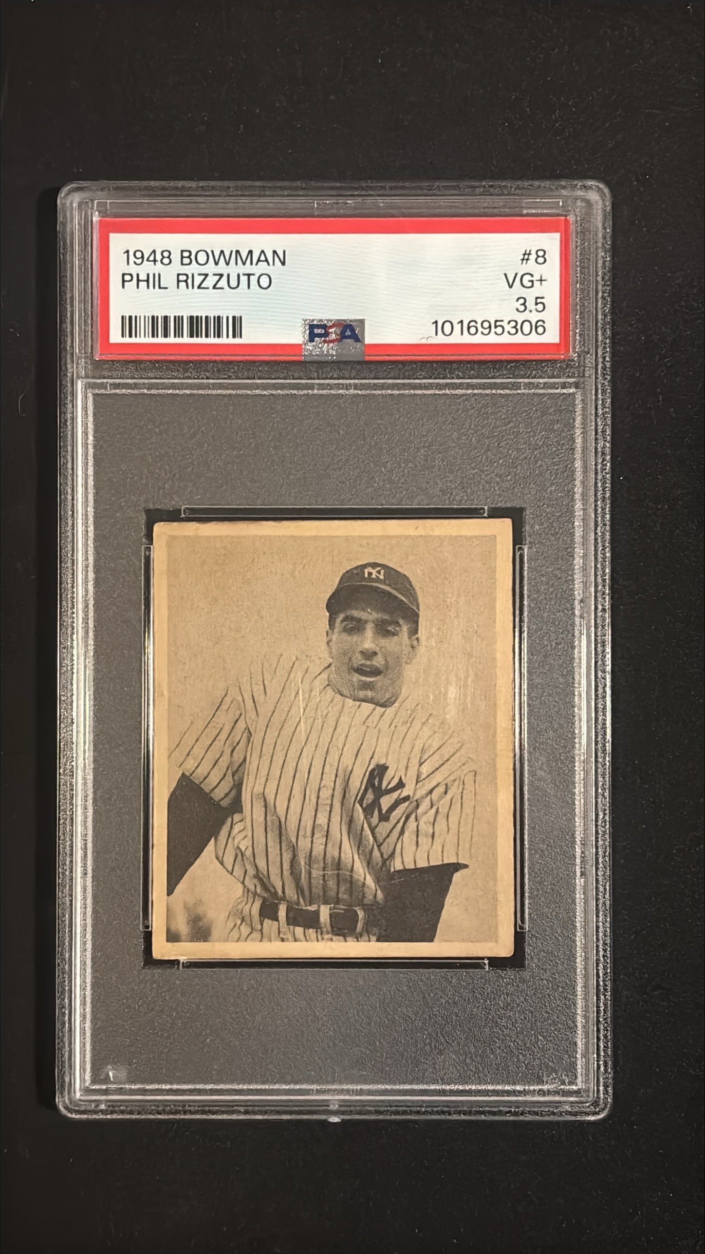 1948 Bowman #8 Phil Rizzuto Rookie RC PSA 3.5 VG+ - New York Yankees Hall of Famer Short Print: 1948 Bowman #8 Phil Rizzuto graded PSA 3.5 (VG+ - Very Good Plus). This is a classic early Bowman short print rookie card of Hall of Famer Phil Rizzuto, "The Scooter," one of the greatest defensive sh