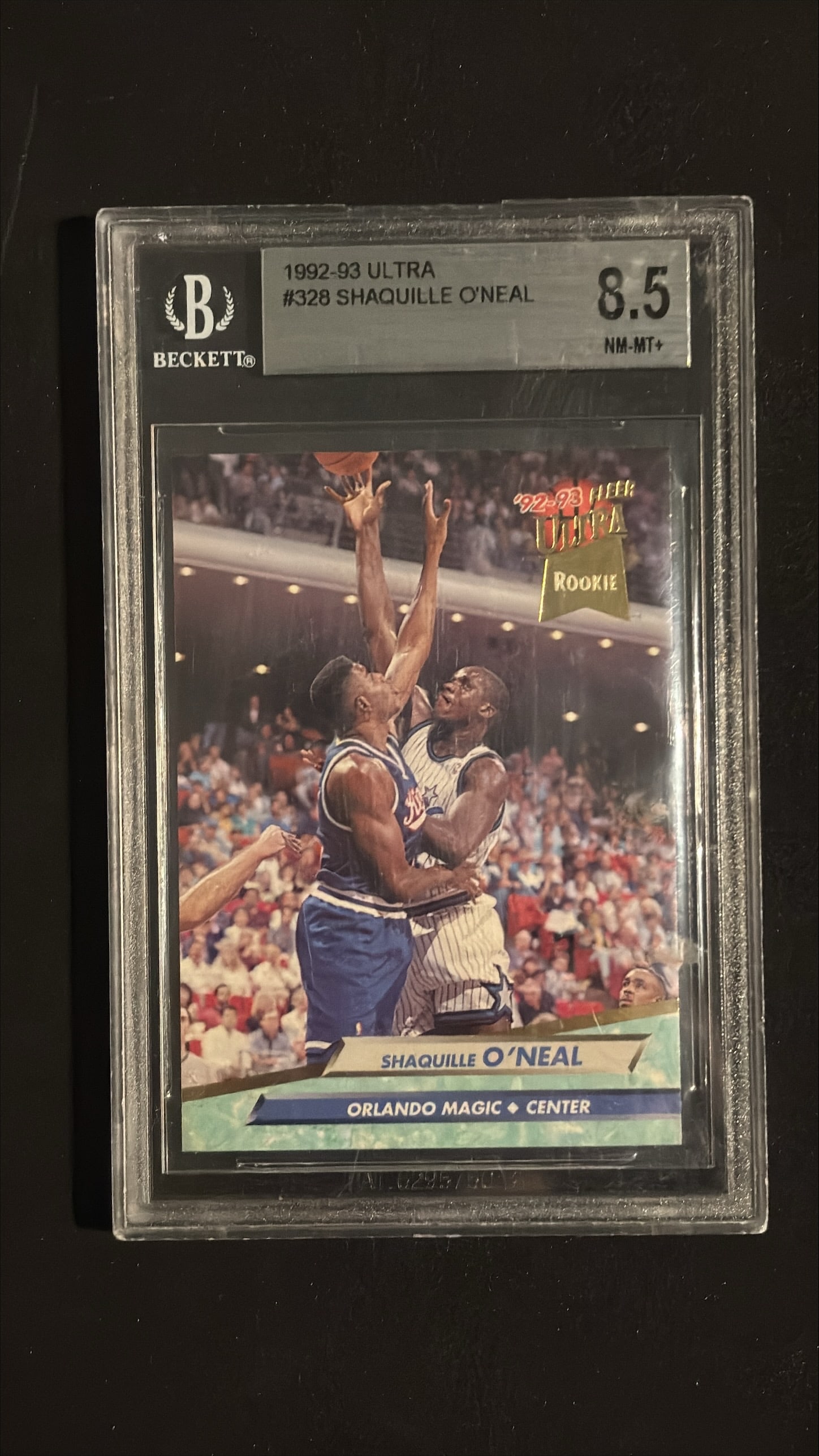 1992-93 Ultra #328 Shaquille O'Neal Rookie RC BGS 8.5 NM-MT+ - Orlando Magic Hall of Famer: 1992-93 Ultra #328 Shaquille O'Neal Rookie Card graded BGS 8.5 (NM-MT+ - Near Mint-Mint Plus). This is a premium-grade example of one of the most iconic and sought-after basketball rookie cards of the