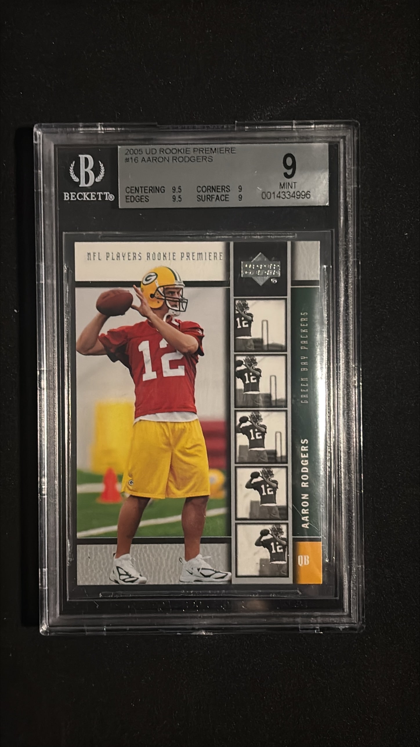2005 UD Rookie Premiere #16 Aaron Rodgers Rookie RC BGS 9 MINT - Green Bay Packers (1 of 2)