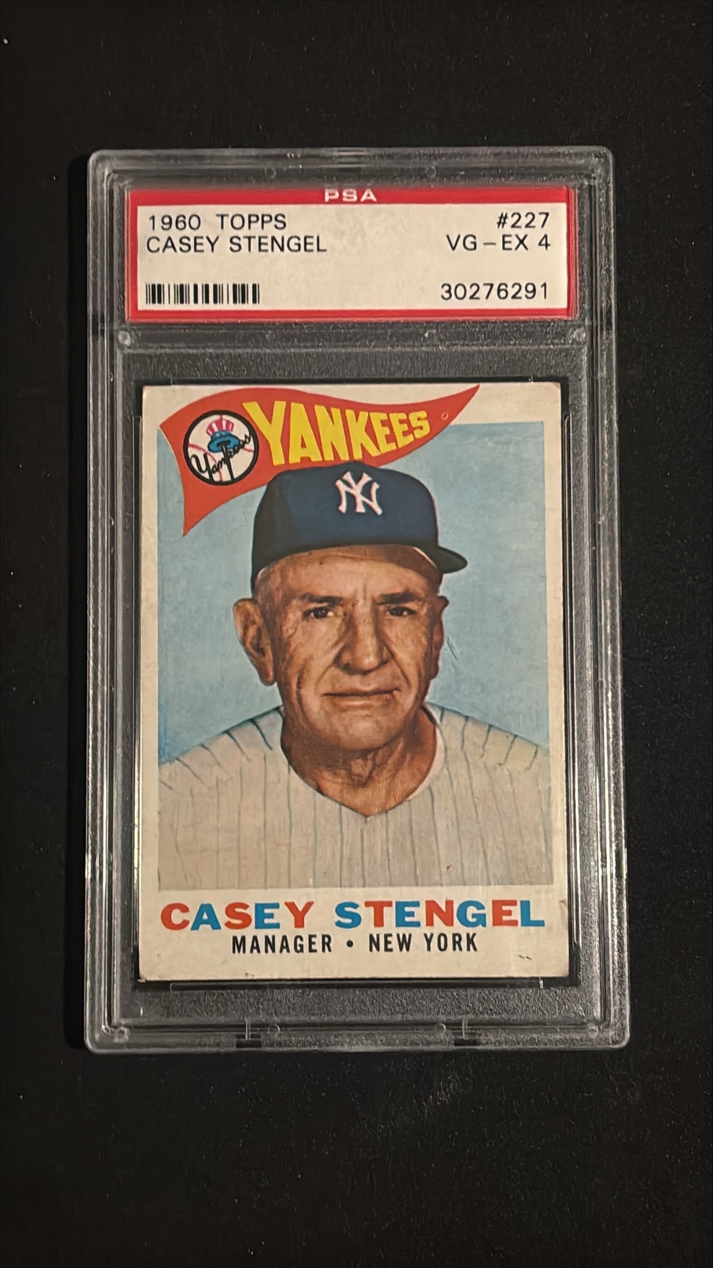 1960 Topps #227 Casey Stengel PSA 4 VG-EX - New York Yankees Manager: 1960 Topps #227 Casey Stengel graded PSA 4 VG-EX. Hall of Famer manager, Yankees legend. 10 AL pennants, 7 World Series championships (5 consecutive 1949-1953). Iconic vintage baseball card.