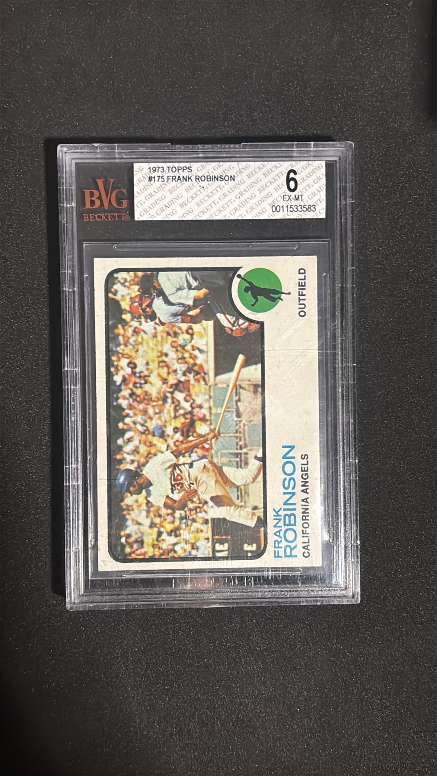 1973 Topps #175 Frank Robinson BVG 6 EX-MT - California Angels: 1973 Topps #175 Frank Robinson graded BVG 6 EX-MT. Hall of Famer, Triple Crown winner, 2x MVP, 14x All-Star. 586 career HRs. Iconic vintage baseball card.