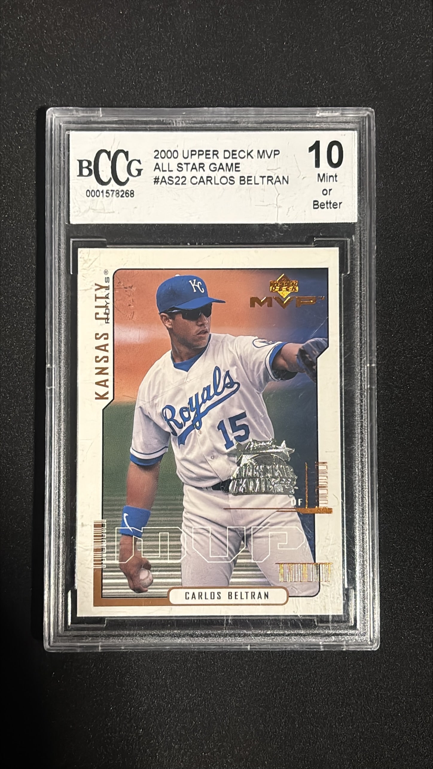 2000 Upper Deck MVP All Star Game #AS22 Carlos Beltran BCCG 10 Mint - Royals: 2000 Upper Deck MVP All Star Game #AS22 Carlos Beltran graded BCCG 10 Mint or Better. Hall of Famer, 1999 AL Rookie of the Year, 6x All-Star, Kansas City Royals.