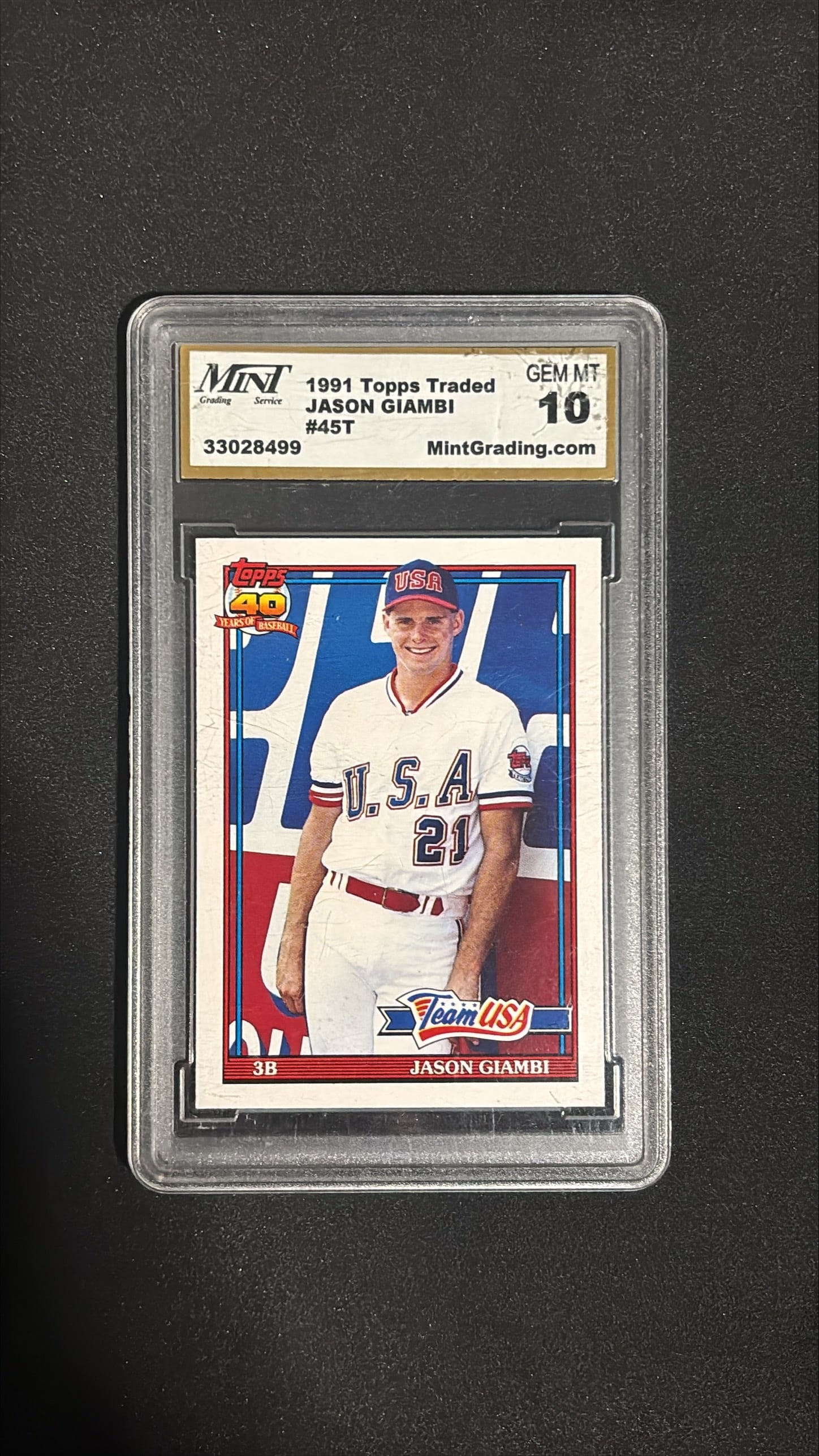 1991 Topps Traded #45T Jason Giambi Rookie RC MNT 10 Gem Mint - Team USA: 1991 Topps Traded #45T Jason Giambi rookie card graded MNT Gem Mint 10. Hall of Famer, 2000 AL MVP, 5x All-Star, 440 career HRs. Team USA collegiate card.