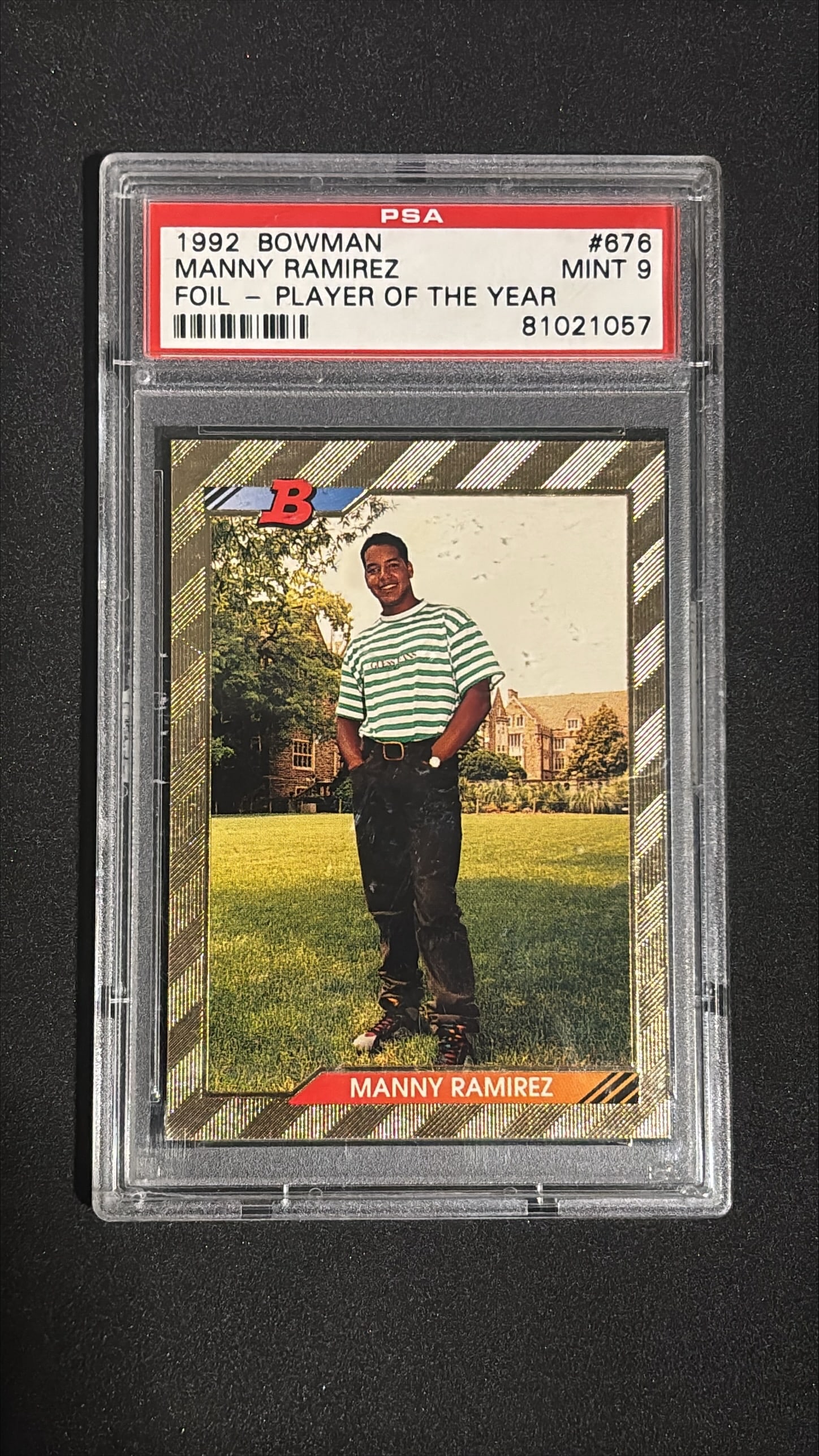 1992 Bowman #676 Manny Ramirez Foil PSA 9 Mint - Player of Year: 1992 Bowman #676 Manny Ramirez foil rookie card graded PSA 9 Mint. 1991 Appalachian League Player of the Year. Hall of Famer, 555 career HRs, 12x All-Star, Cleveland Indians.