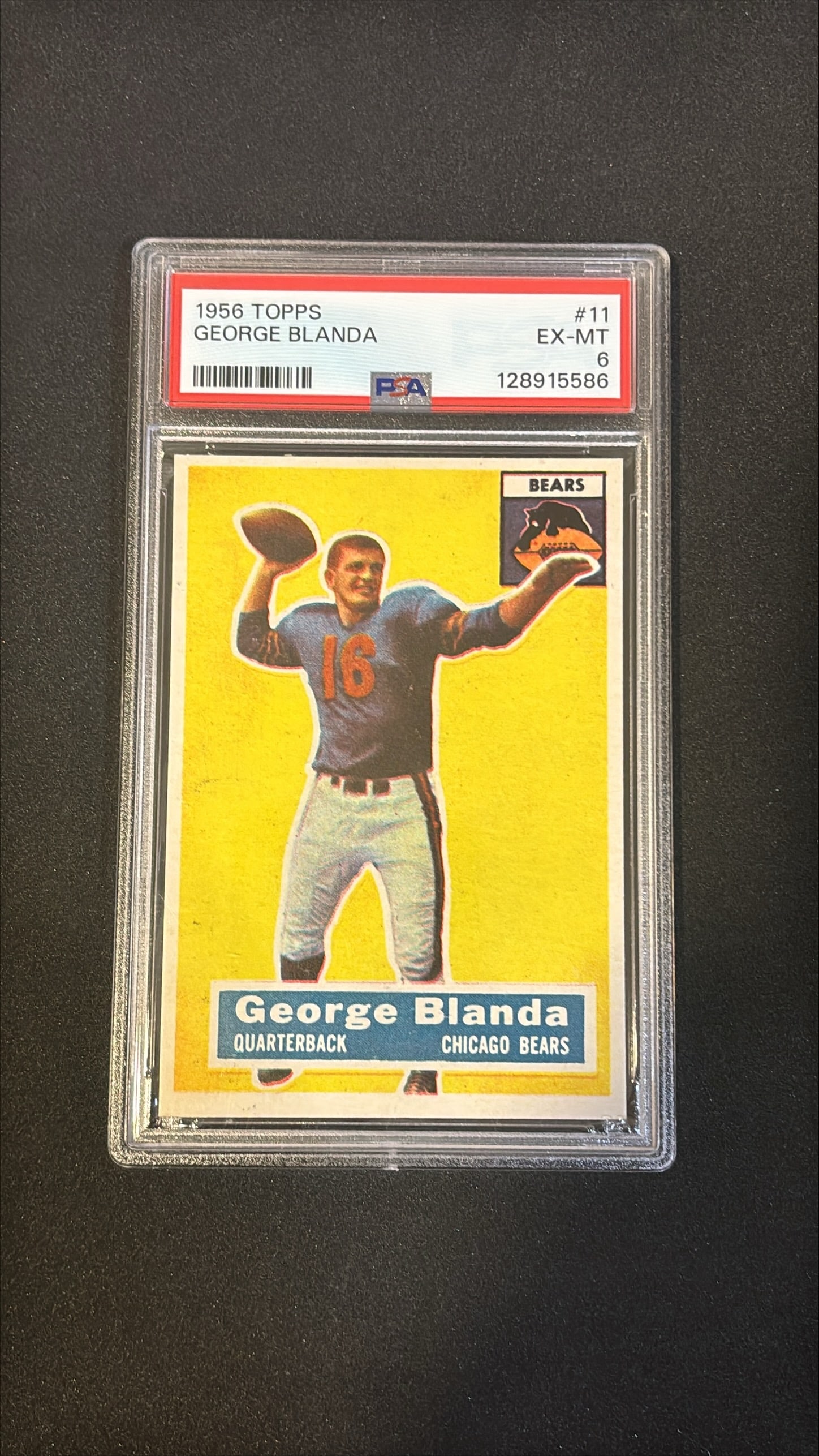 1956 Topps #11 George Blanda PSA 6 EX-MT - Chicago Bears Football: 1956 Topps #11 George Blanda graded PSA 6 EX-MT. Hall of Fame quarterback, Chicago Bears, legendary career spanning multiple decades.