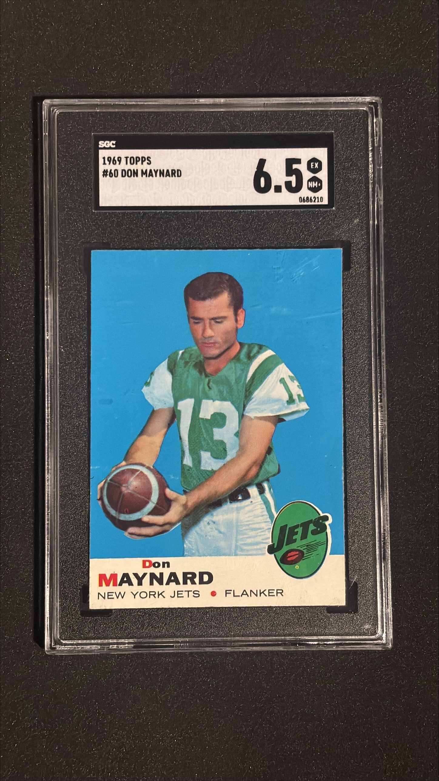 1969 Topps #60 Don Maynard SGC 6.5 EX-NM+ - New York Jets: 1969 Topps #60 Don Maynard graded SGC 6.5 EX-NM+. Hall of Fame wide receiver, New York Jets legend, 4x All-Star, Super Bowl III champion.