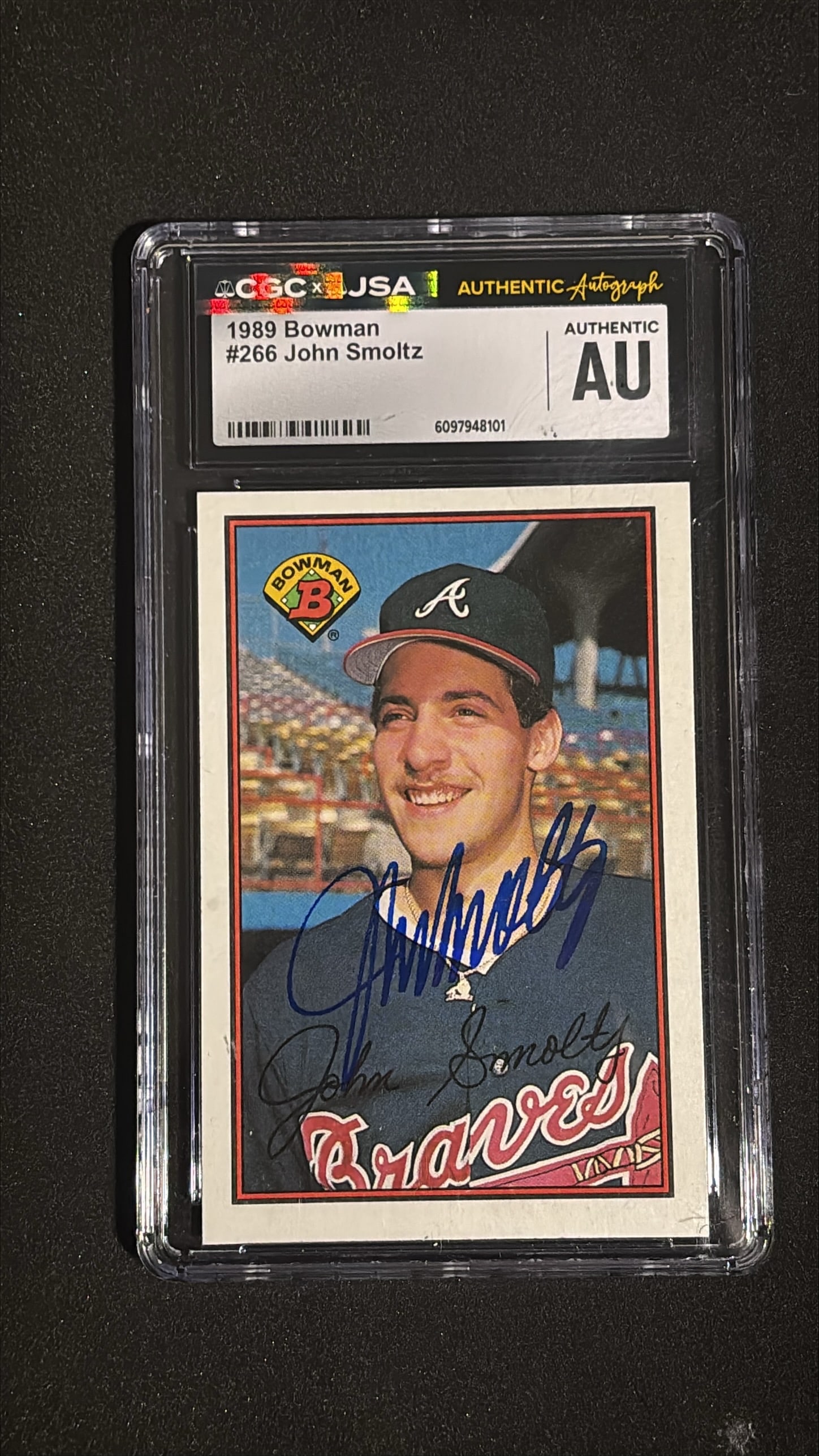 1989 Bowman #266 John Smoltz Signed Autograph JSA - Braves Rookie: 1989 Bowman #266 John Smoltz rookie card signed and authenticated by JSA. Hall of Fame pitcher, 8x All-Star, 1996 World Series MVP, only pitcher to earn MVP honors as starter, closer, reliever.