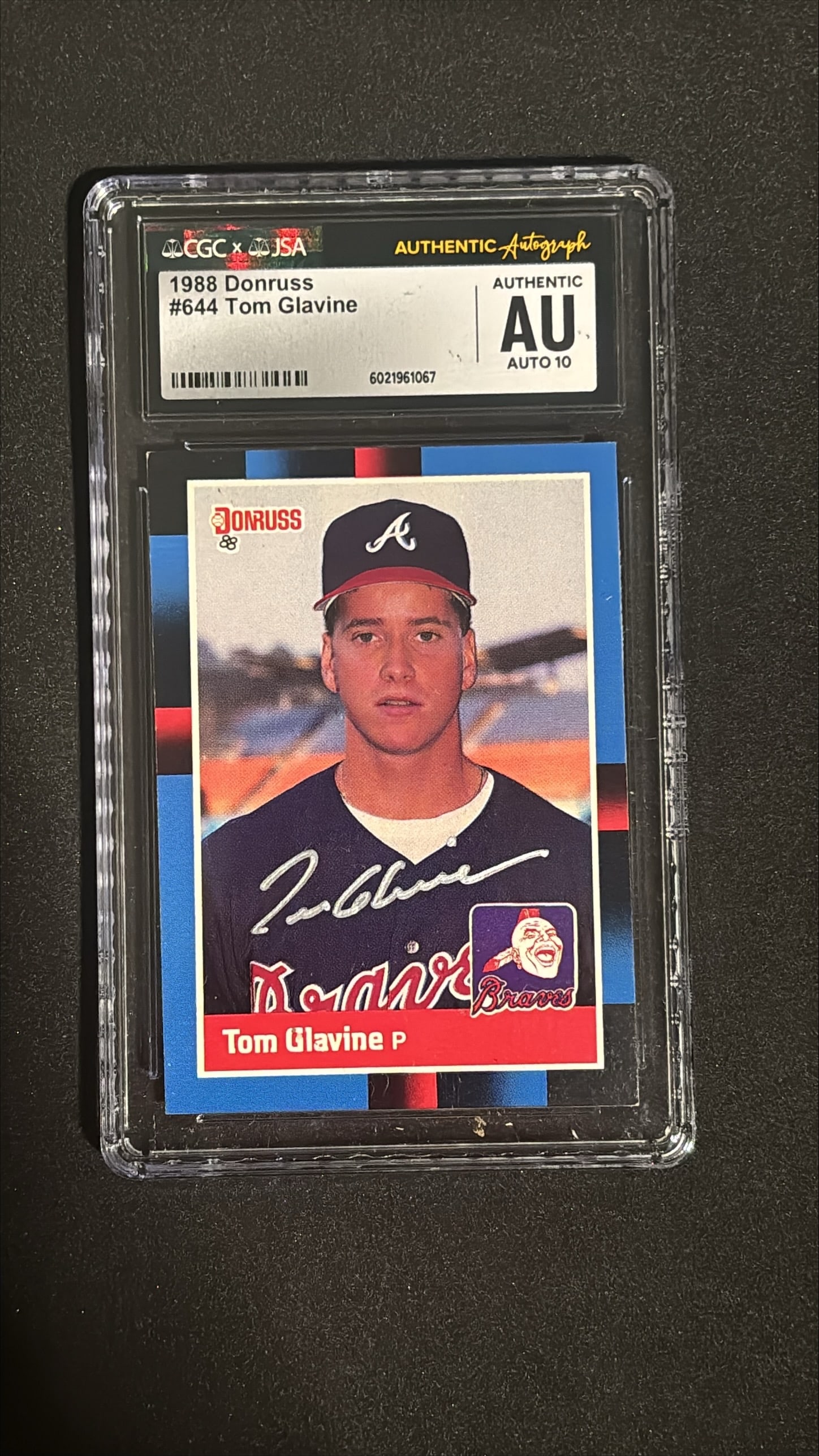 1988 Donruss #644 Tom Glavine Signed Autograph JSA AU 10 - Braves Rookie: 1988 Donruss #644 Tom Glavine rookie card signed, JSA/CGC authenticated AU AUTO 10. Hall of Fame pitcher, 10x All-Star, 1995 World Series champion, 305 career wins, Braves legend.