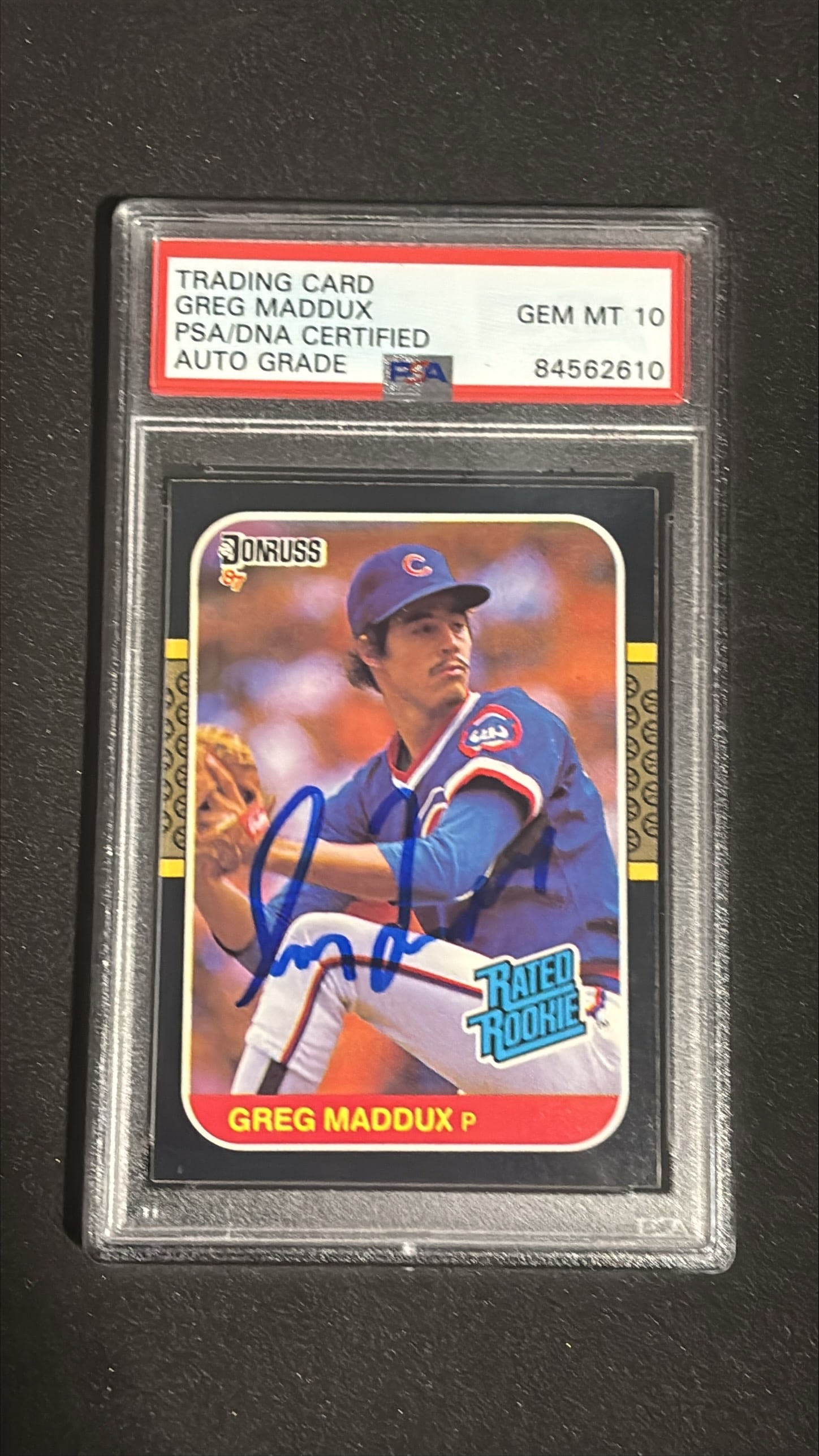 1987 Donruss #36 Greg Maddux Signed Autograph PSA/DNA Gem Mt 10 - Cubs Rookie: 1987 Donruss #36 Greg Maddux rookie card signed and authenticated PSA/DNA Gem Mt 10 AUTO. Hall of Fame pitcher, 4x Cy Young Award, 8x All-Star, 355 career wins, winningest pitcher of 1990s.