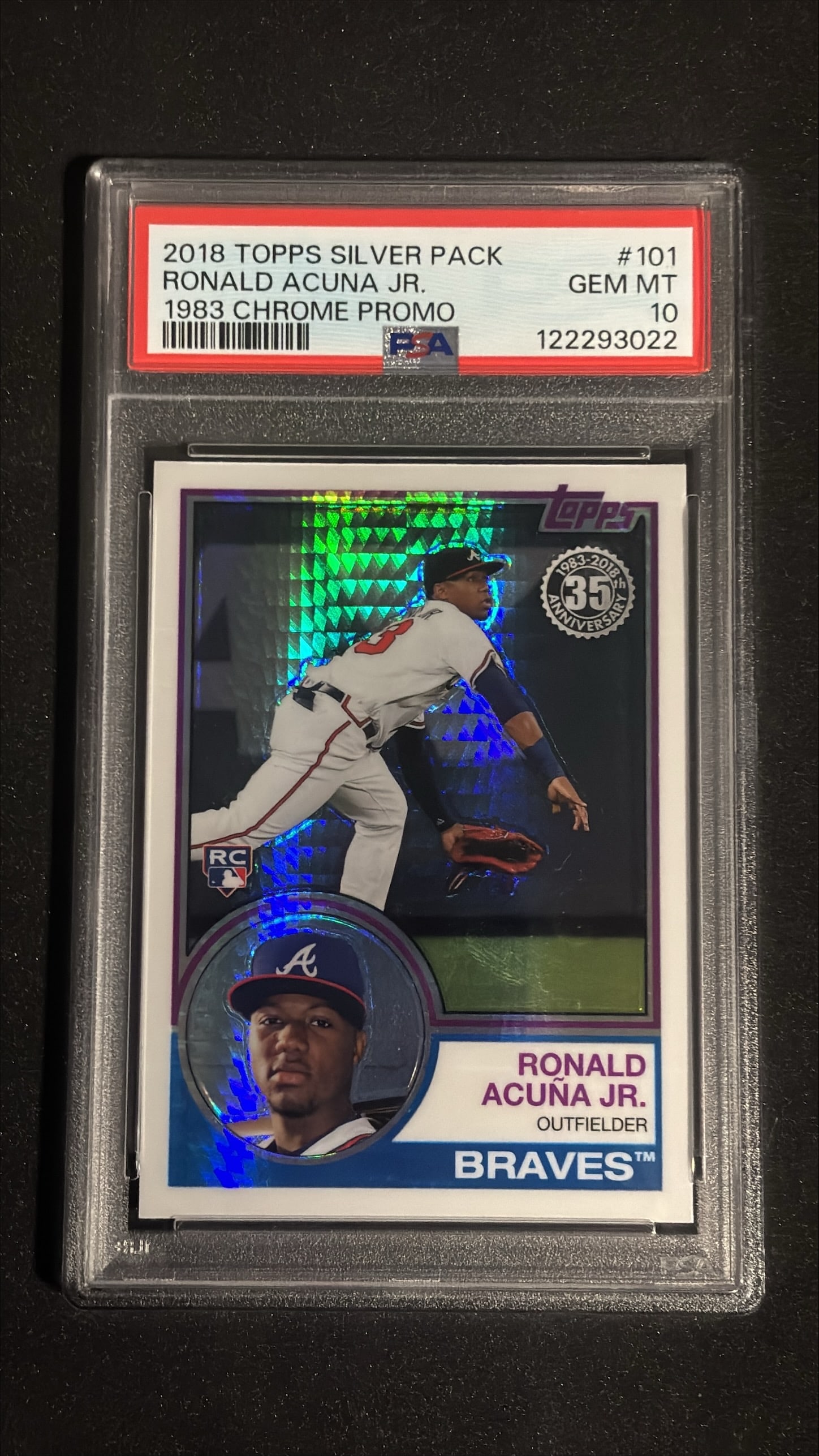 2018 Topps Silver Pack #101 - Ronald Acuna Jr. PSA 10 1983 Chrome Promo: Exceptional PSA 10 Gem Mint graded card. 2018 Topps Silver Pack featuring the classic 1983 Topps design in chromium. Ronald Acuna Jr. of the Atlanta Braves as an outfielder. 35th anniversary special p