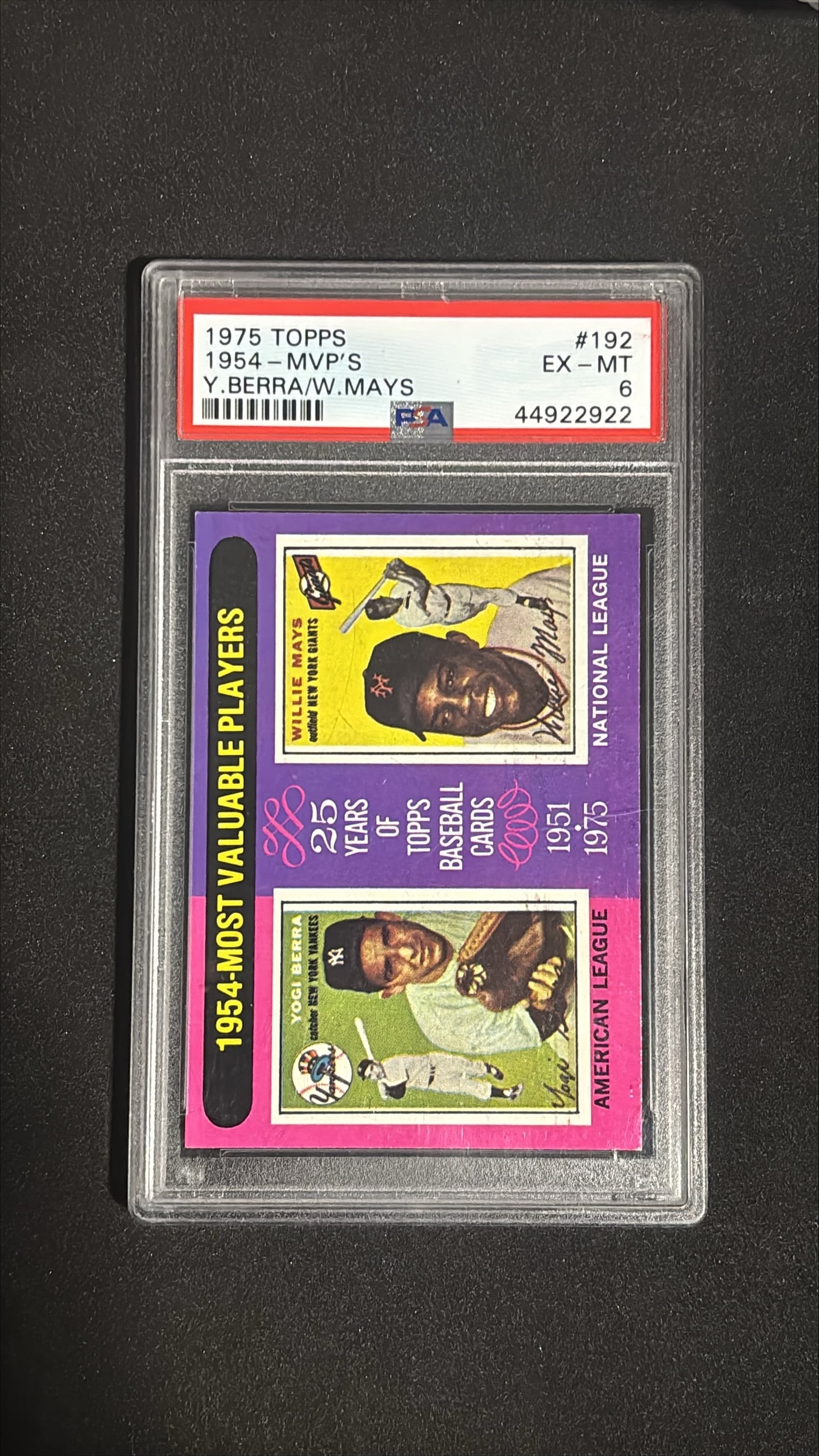 1975 Topps #192 1954 MVPs Yogi Berra/Willie Mays PSA 6: 1975 Topps #192 1954 Most Valuable Players graded PSA 6 EX-MT. Classic vintage card featuring Hall of Famers Yogi Berra (Yankees) and Willie Mays (Giants) from their MVP seasons. Iconic 1975 Topps des