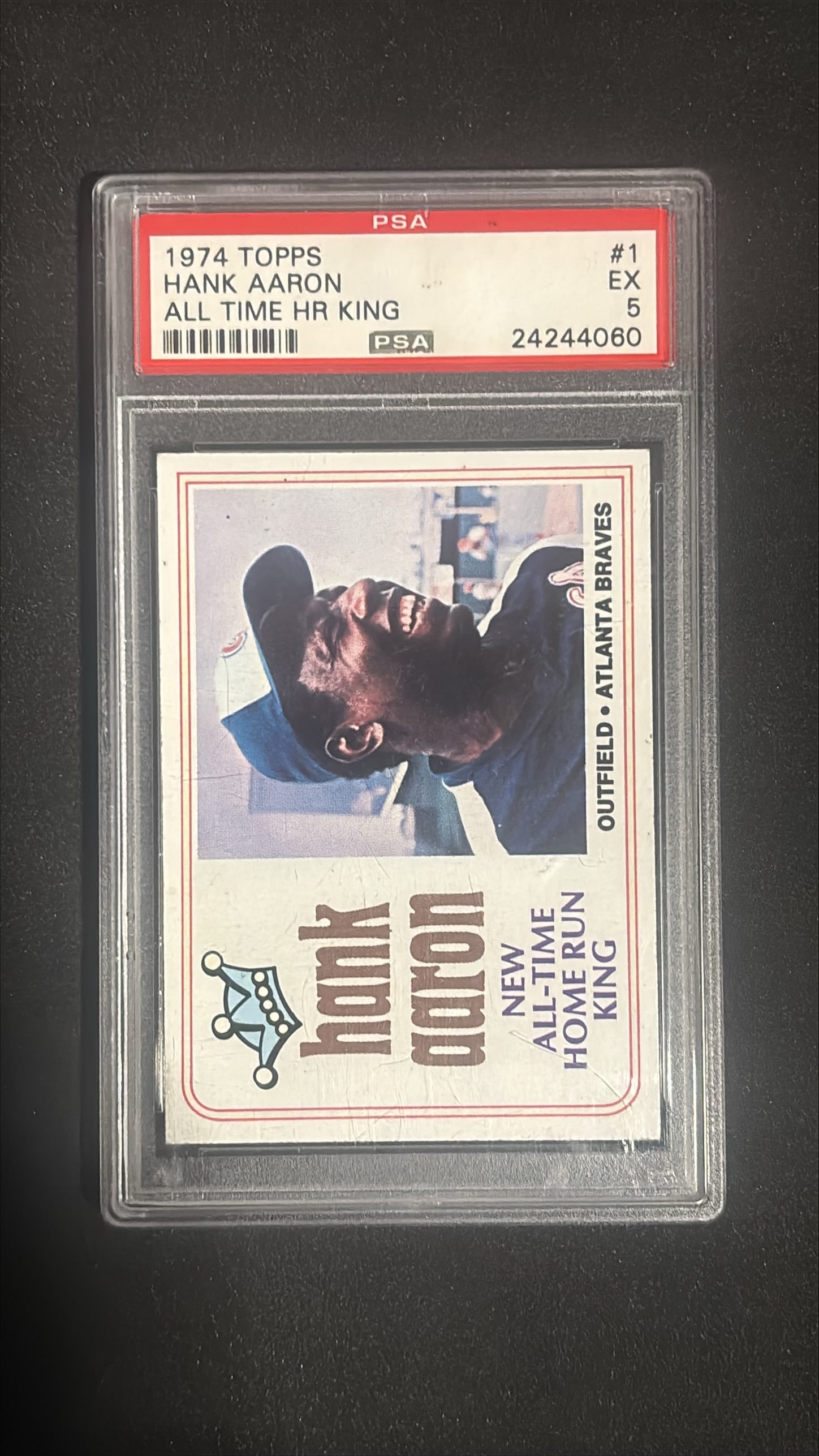 1974 Topps #1 Hank Aaron All Time HR King PSA 5: 1974 Topps #1 Hank Aaron "All Time Home Run King" graded PSA 5 (EX). Iconic card commemorating Aaron breaking Babe Ruth's all-time home run record on April 8, 1974. Hall of Famer. Classic 1974 Topps i