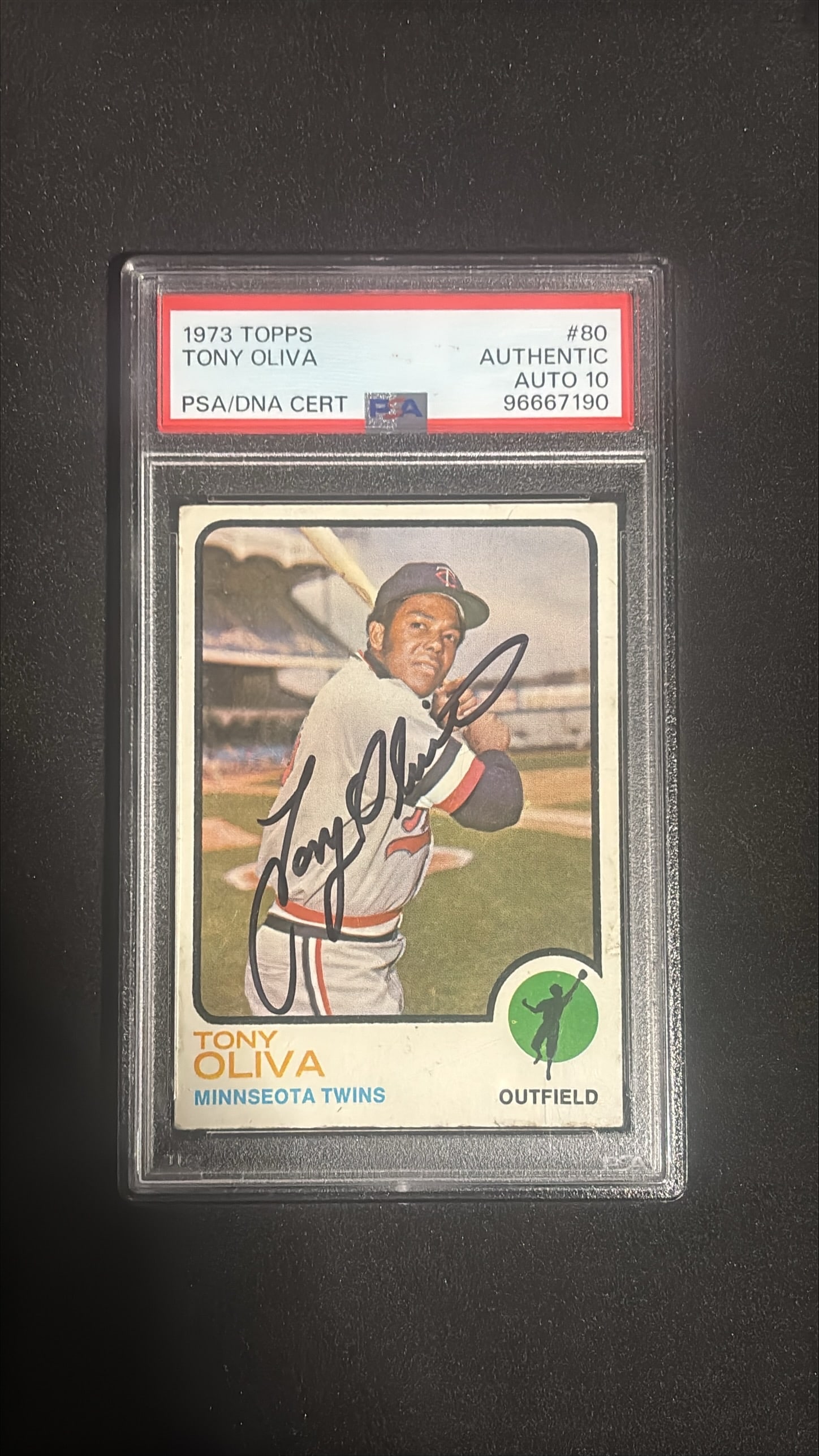 1973 Topps #80 Tony Oliva Signed PSA/DNA Authentic Auto 10: 1973 Topps #80 Tony Oliva signed and authenticated by PSA/DNA with Auto grade 10 (Mint). Minnesota Twins star 3-time AL Batting Champion. Sharp signature. HOF candidate. Excellent investment vintage a