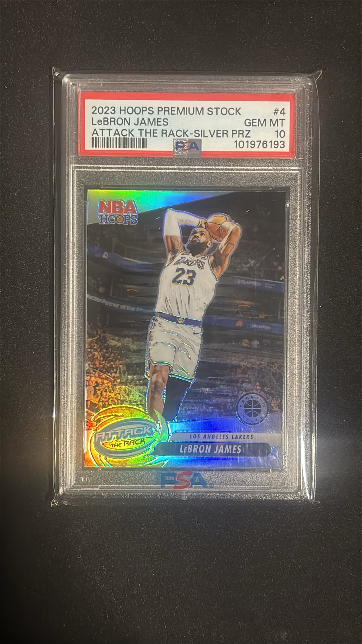 2023 Hoops Premium Stock #4 LeBron James Attack the Rack Silver Prizm PSA 10 (1 of 2)