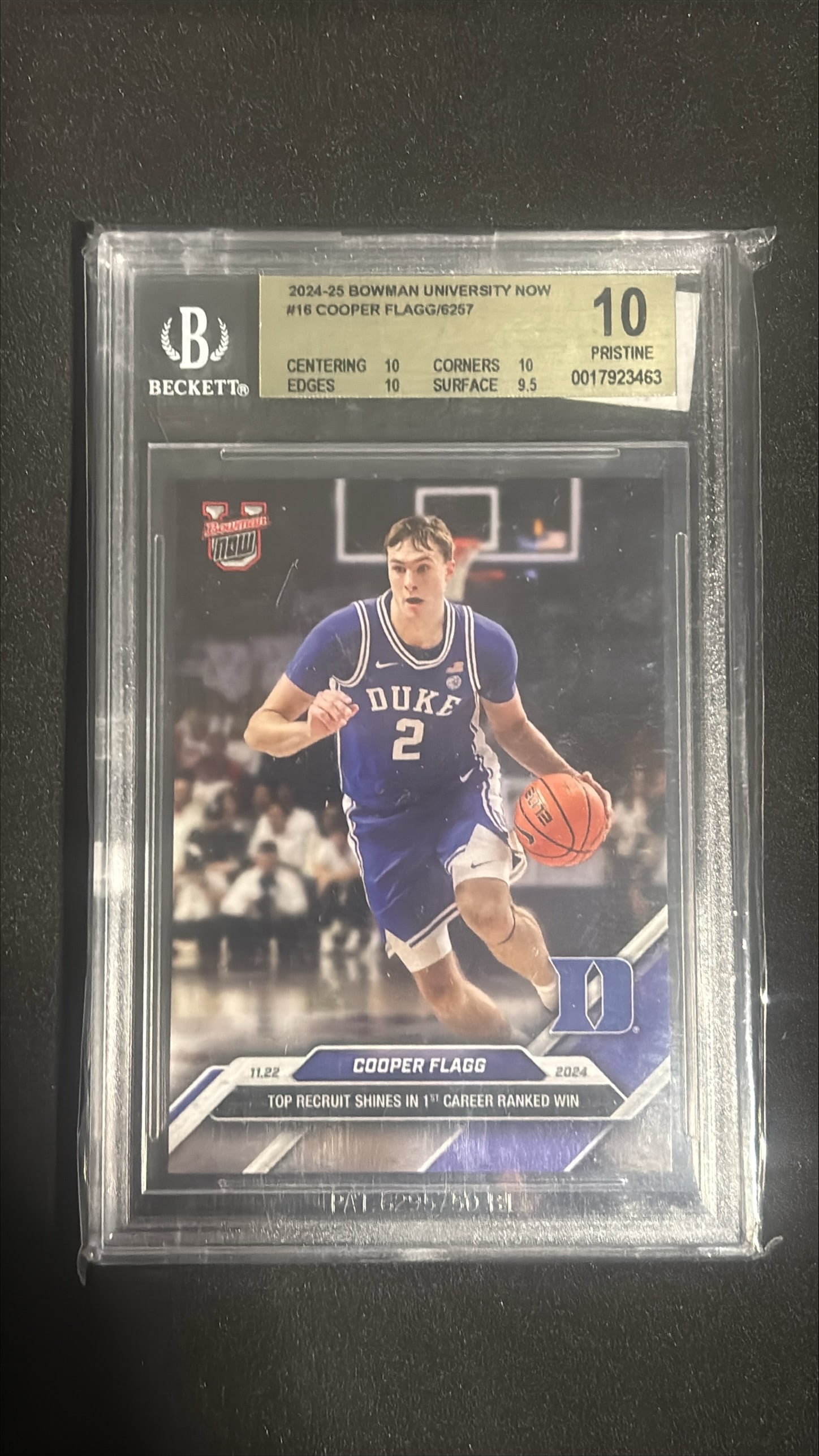 2024-25 Bowman University Now #16 Cooper Flagg BGS 10 Pristine: 2024-25 Topps Bowman University Now #16 Cooper Flagg graded BGS 10 Pristine. Duke Blue Devils prospect. Top recruit shined in 1st career ranked win with 24 points, 6 rebounds, 3 steals, 2 blocks. Flaw