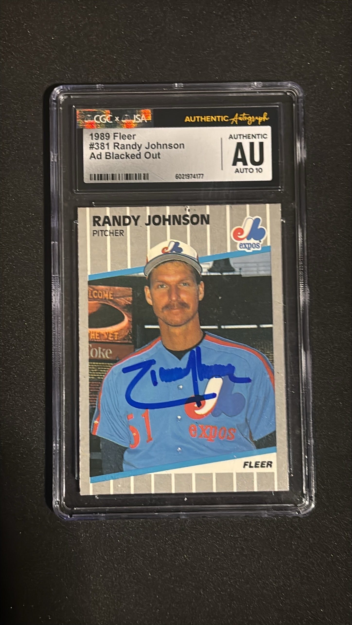1989 Fleer #381 Randy Johnson Signed CGC/JSA Authentic Auto 10: 1989 Fleer #381 Randy Johnson autographed (Ad Blacked Out) graded CGC/JSA Authentic Auto 10. Hall of Famer "The Big Unit" - legendary pitcher and one of baseball's greatest. Early signed rookie card w