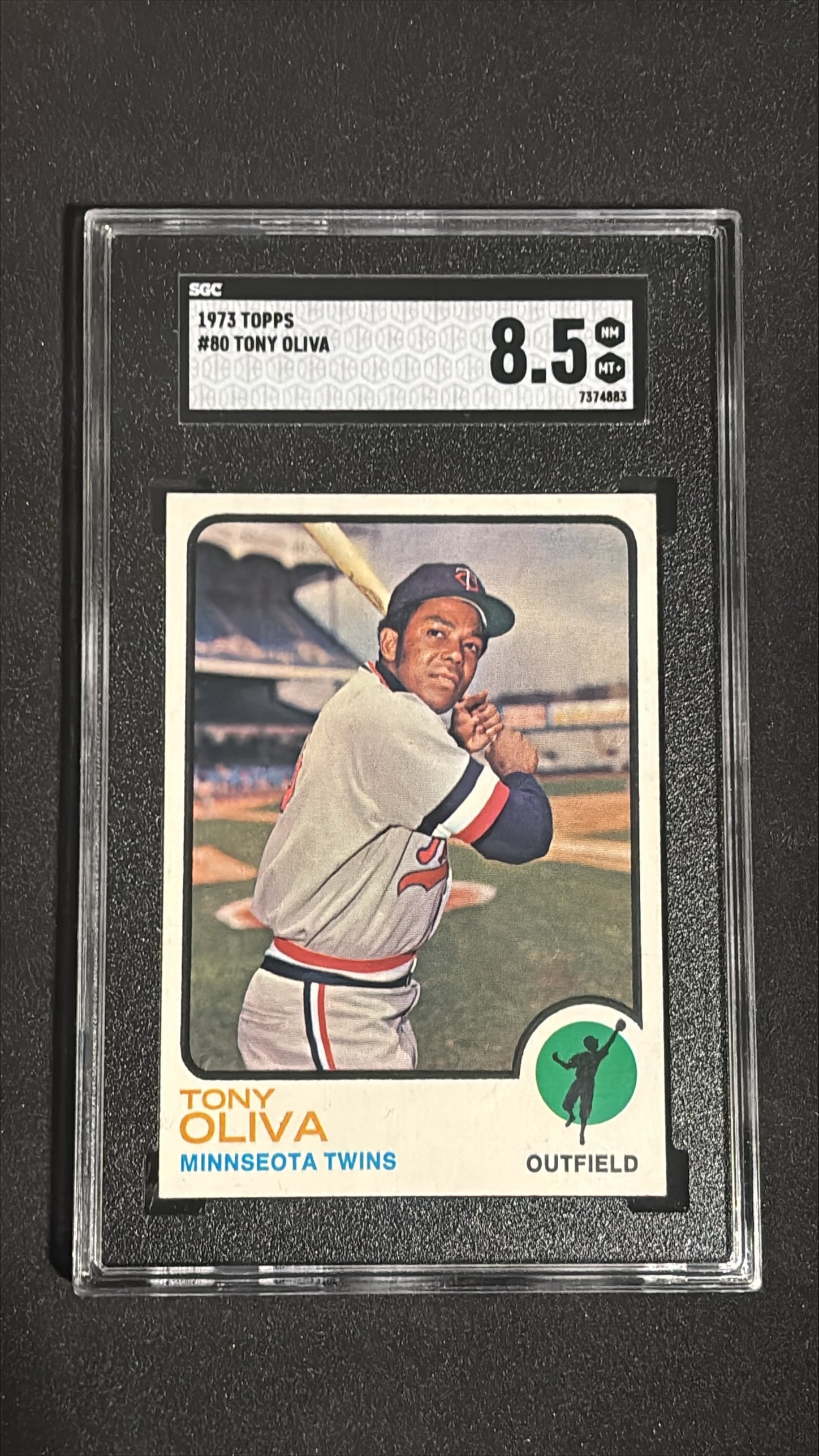 1973 Topps #80 Tony Oliva SGC 8.5 NM-MT+: 1973 Topps #80 Tony Oliva graded SGC 8.5 (NM-MT+). Hall of Famer and 3-time AL Batting Champion with Minnesota Twins. Excellent centering and color. High-grade example of this classic Hall of Fame car