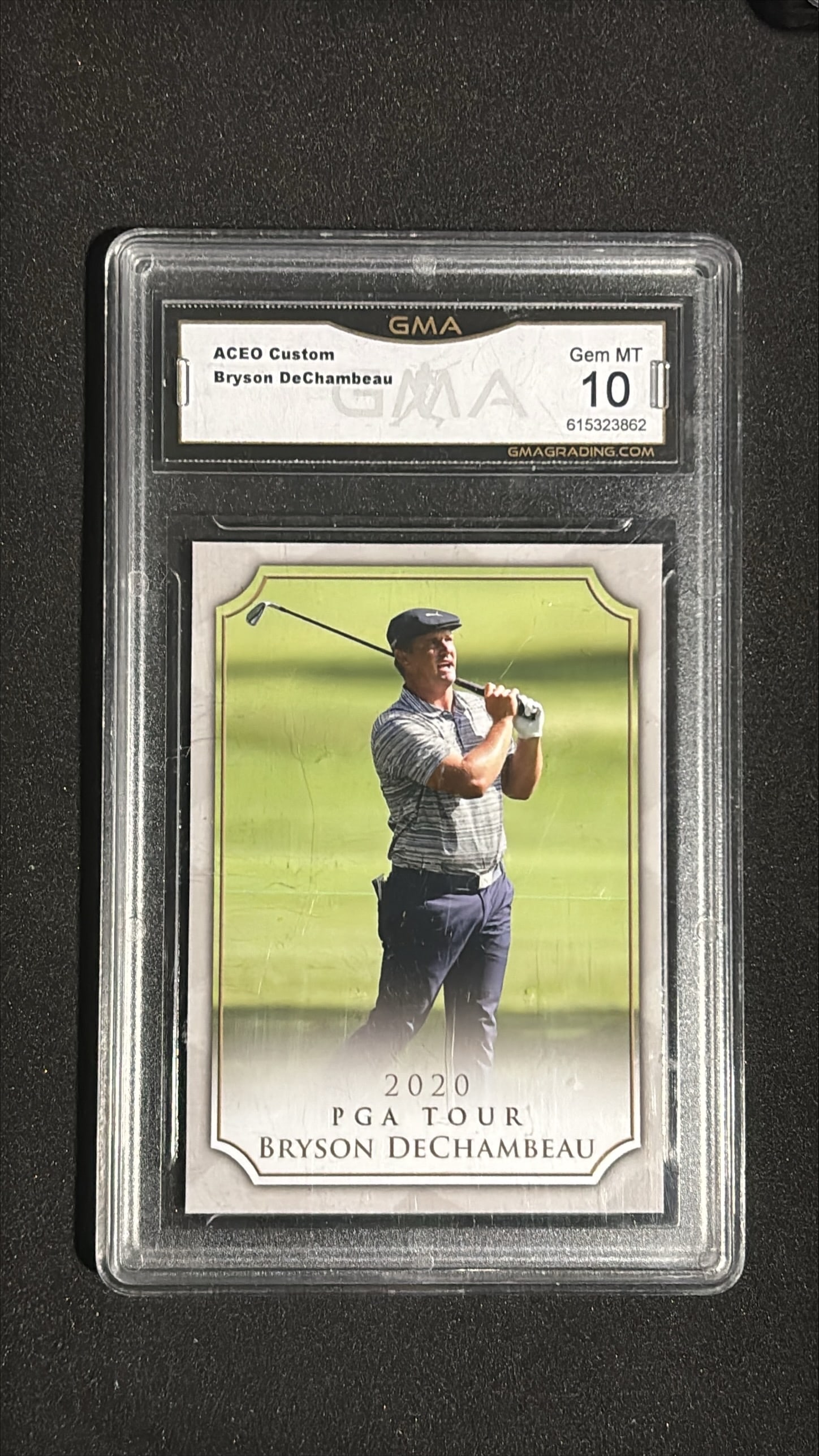ACEO Custom Bryson DeChambeau 2020 PGA Tour GMA Gem MT 10: ACEO Custom Bryson DeChambeau 2020 PGA Tour card graded GMA Gem MT 10. Professional golfer known for his scientific approach to the game. 2020 US Open Champion. Custom trading card in perfect gem mint