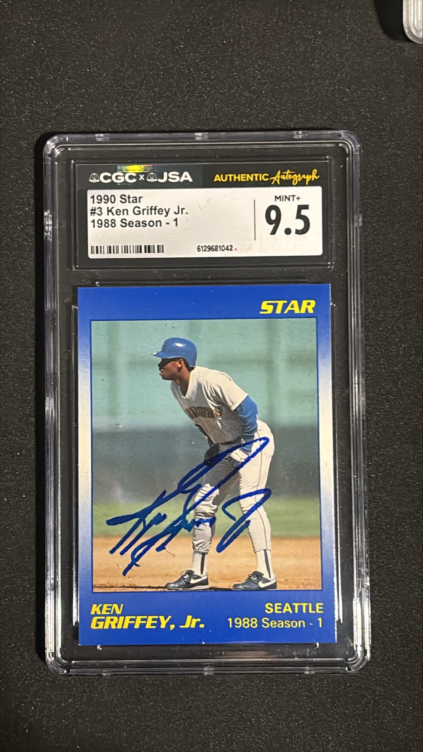 1990 Star #3 Ken Griffey Jr. 1988 Season - 1 CGC x JSA Authentic Auto Mint+ 9.5: 1990 Star #3 Ken Griffey Jr. 1988 Season - 1 card graded CGC 9.5 Mint+ with JSA Authentic Autograph. Hall of Fame Seattle Mariners legend. Professionally signed. Dual-authenticated. High-grade signed 