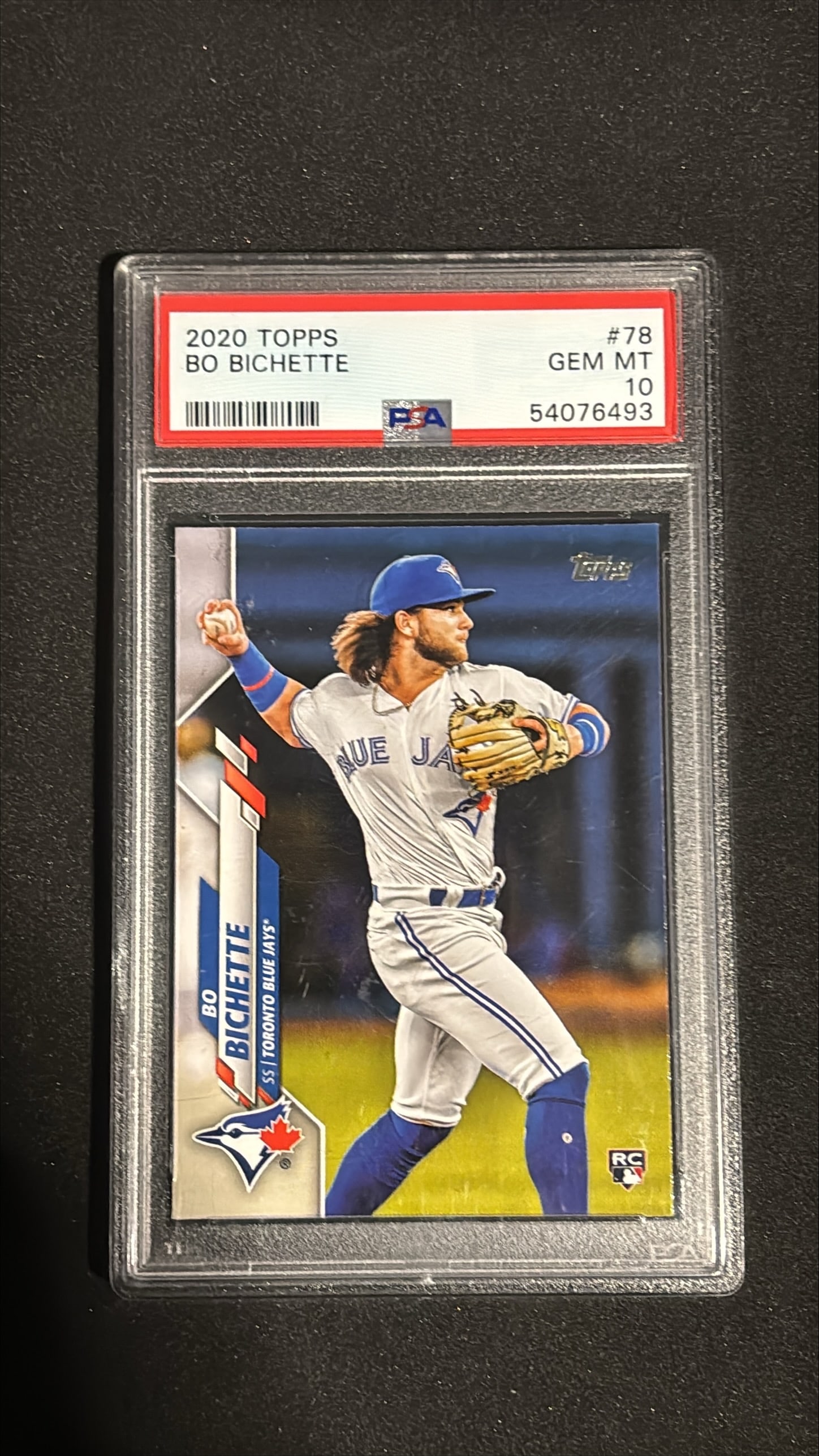 2020 Topps #78 Bo Bichette PSA 10 Gem MT Rookie: 2020 Topps #78 Bo Bichette card graded PSA 10 (Gem MT). Toronto Blue Jays shortstop. Rookie card in perfect gem mint condition. Modern prospect card.