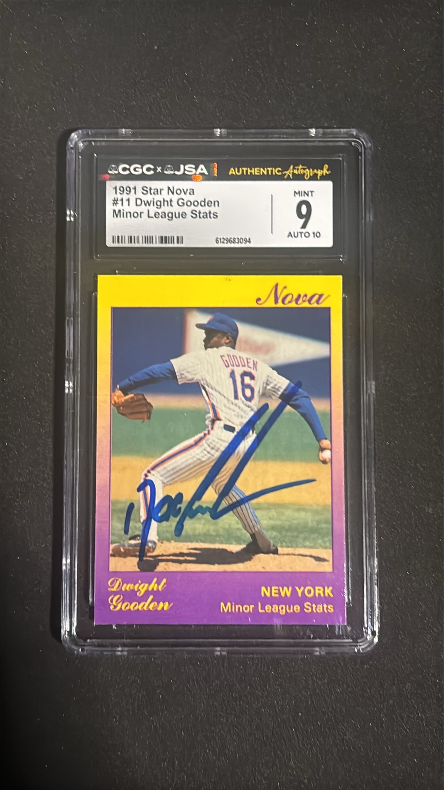1991 Star Nova #11 Dwight Gooden CGC x JSA Authentic Auto Mint 9: 1991 Star Nova #11 Dwight Gooden card graded CGC x JSA Authentic Autograph Mint 9 (Auto 10). Hall of Famer pitcher. New York Mets. Signed rookie-type card from Star Nova set. Dual CGC/JSA authenticati