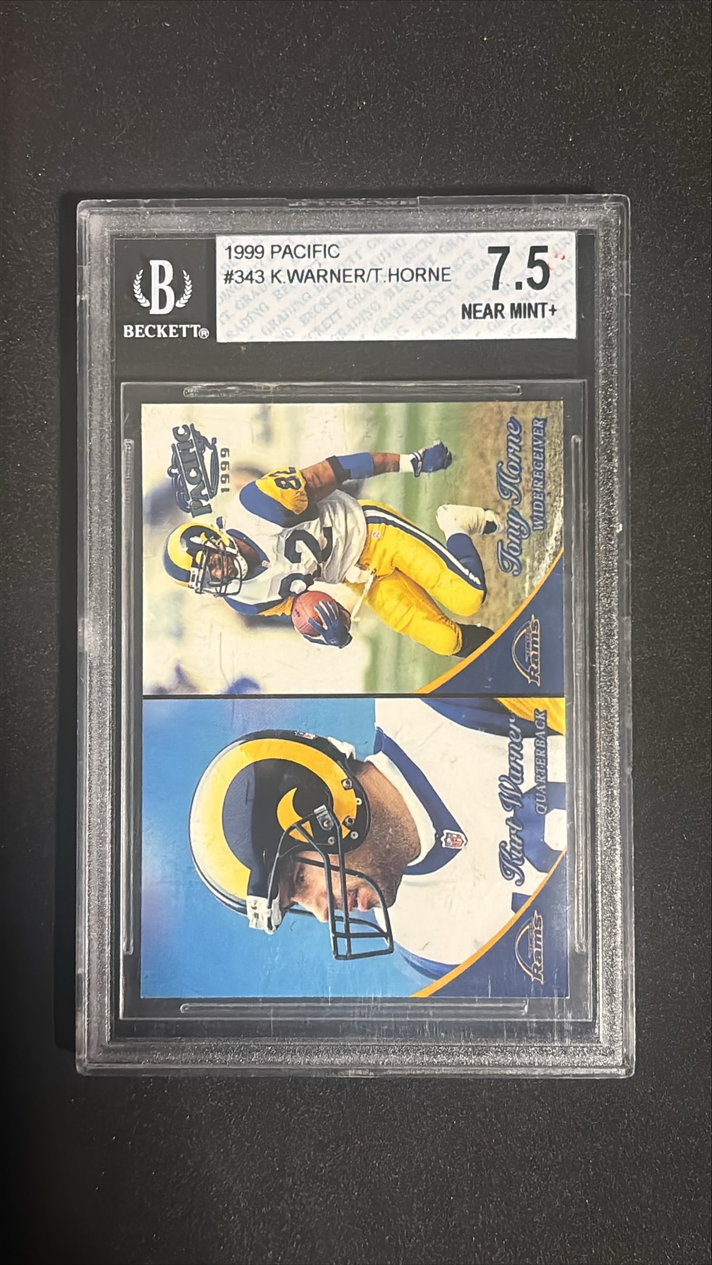 1999 Pacific #343 Kurt Warner/Tony Horne Beckett 7.5 Near Mint+ Rookie: 1999 Pacific #343 Kurt Warner/Tony Horne dual rookie card graded Beckett 7.5 (Near Mint+). Kurt Warner is Hall of Famer, greatest comeback story in NFL history. St. Louis Rams. One of the most iconic 