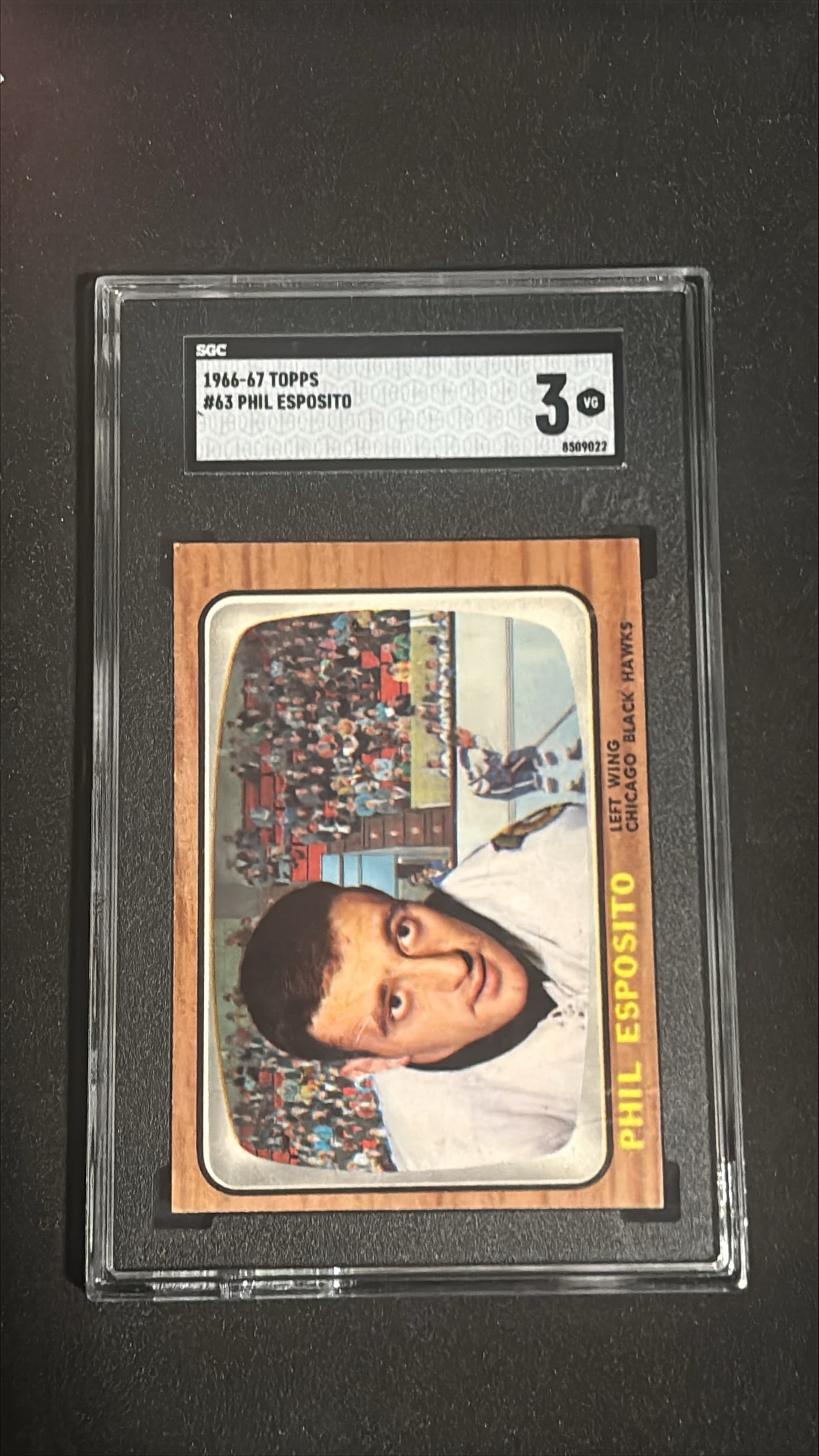 1966-67 Topps #63 Phil Esposito SGC 3 VG Chicago Black Hawks Rookie: 1966-67 Topps #63 Phil Esposito card graded SGC 3 (VG - Very Good). Hall of Famer. Chicago Black Hawks left wing. Early career card. Vintage hockey rookie from 1966-67 Topps set. One of hockey's great