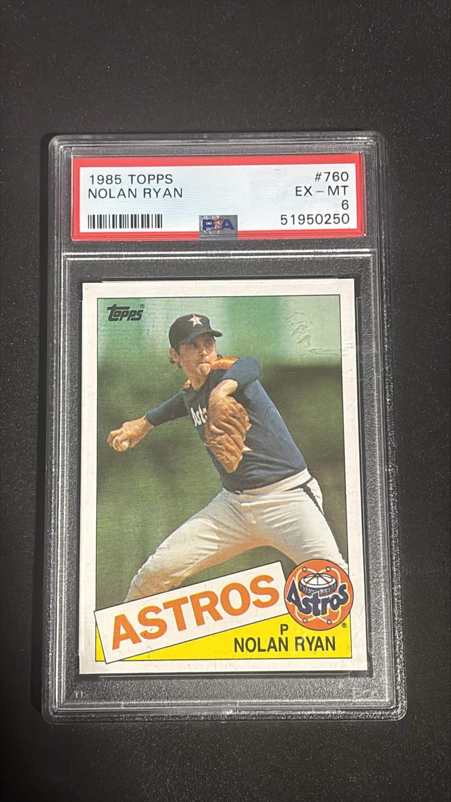 1985 Topps #760 Nolan Ryan PSA 6 EX-MT Houston Astros Hall of Fame: 1985 Topps #760 Nolan Ryan card graded PSA 6 (EX-MT). Hall of Famer. Houston Astros pitcher. One of baseball's greatest pitchers ever. 5,714 strikeouts, 7 no-hitters. Iconic vintage card.