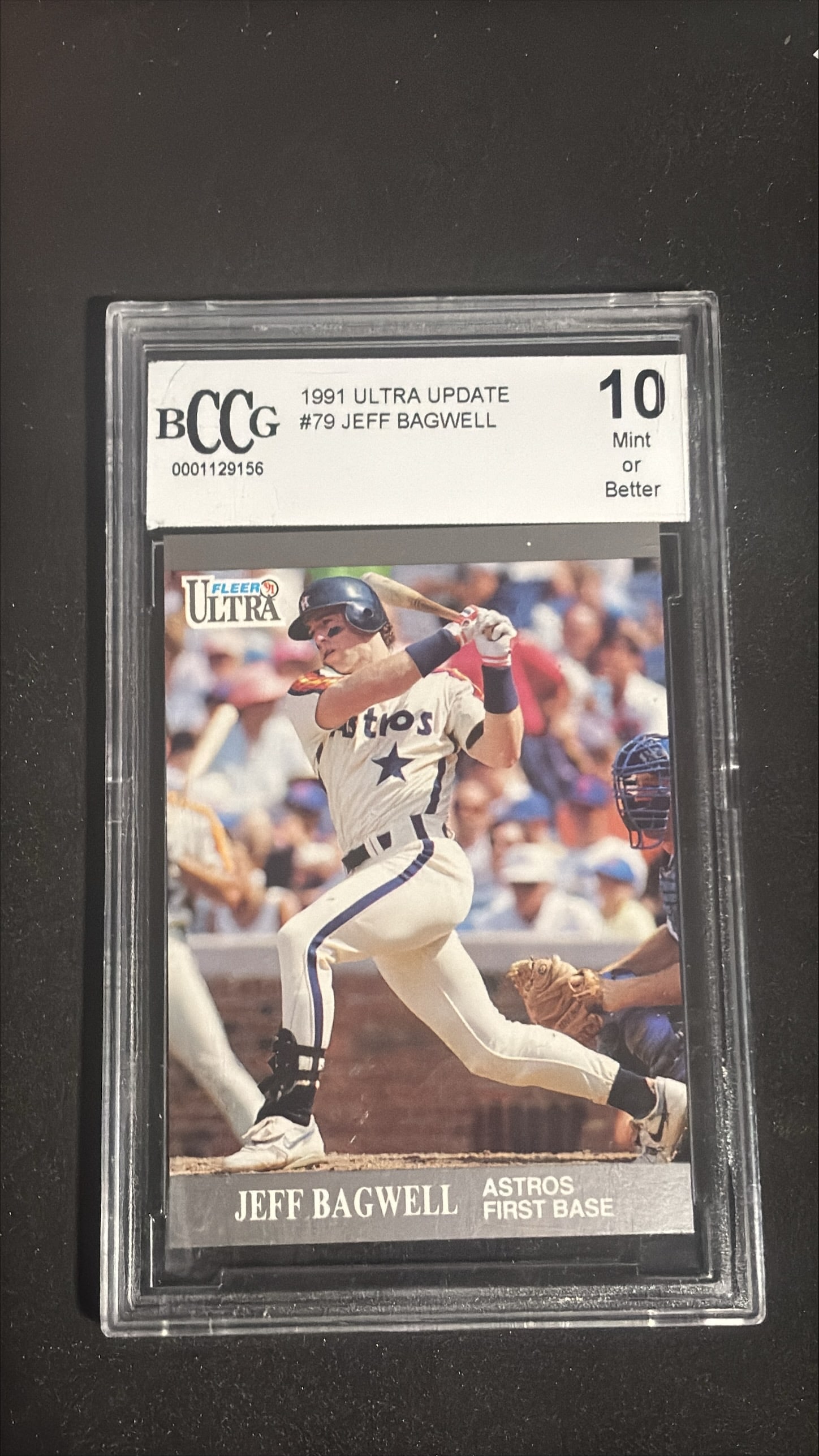1991 Ultra Update #79 Jeff Bagwell BCCG 10 Mint or Better Houston Astros Rookie: 1991 Ultra Update #79 Jeff Bagwell rookie card graded BCCG 10 (Mint or Better). Hall of Famer. Houston Astros first base. One of the most iconic rookie cards of the 1990s. Perfect grade on seminal ear