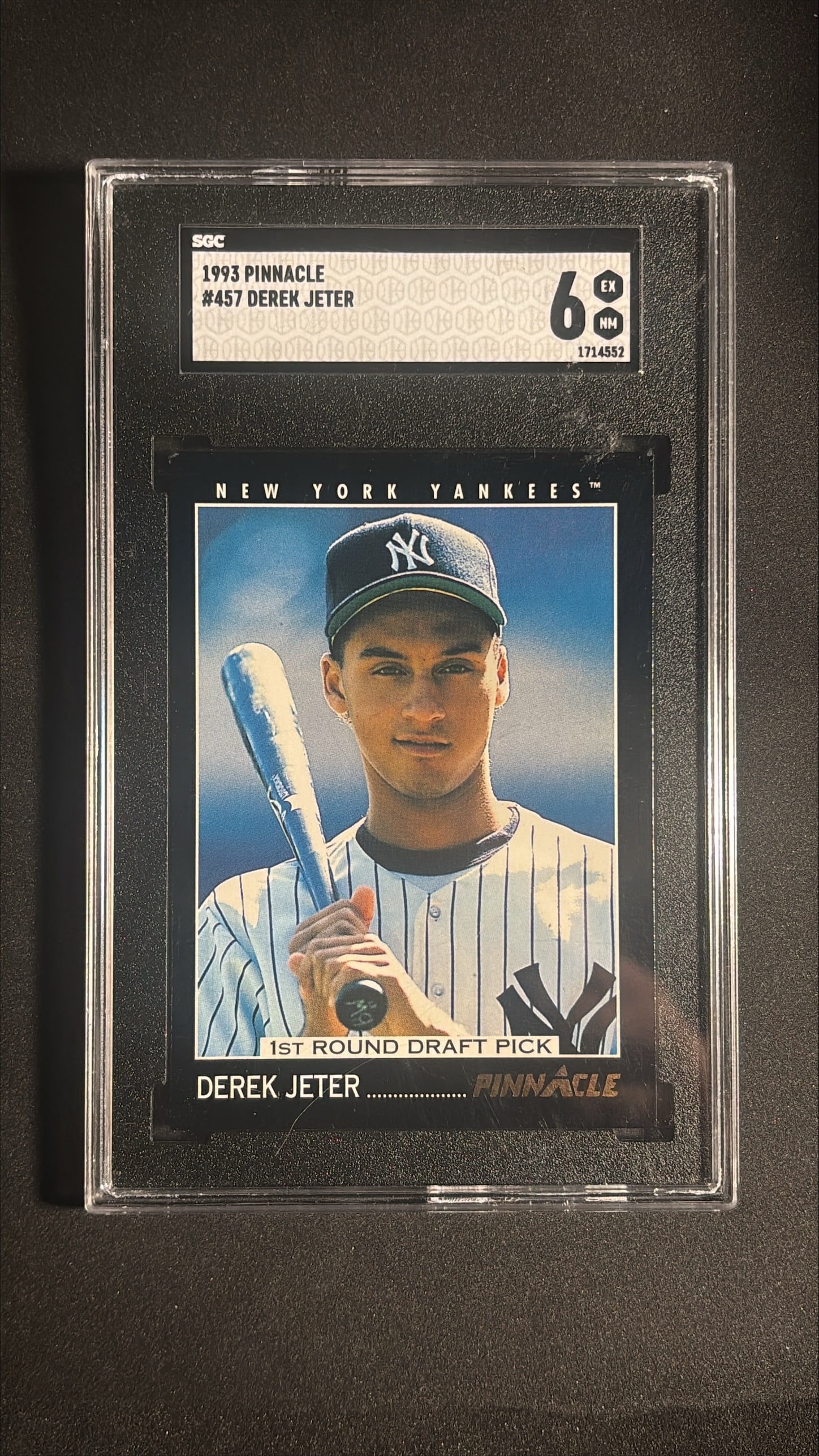 1993 Pinnacle Derek Jeter #457 SGC 6: 1993 Pinnacle Derek Jeter card number 457, graded EX-NM 6 by SGC, certification number 1714552. The card shows clean corners with solid color and good centering front and back, with light surface wear