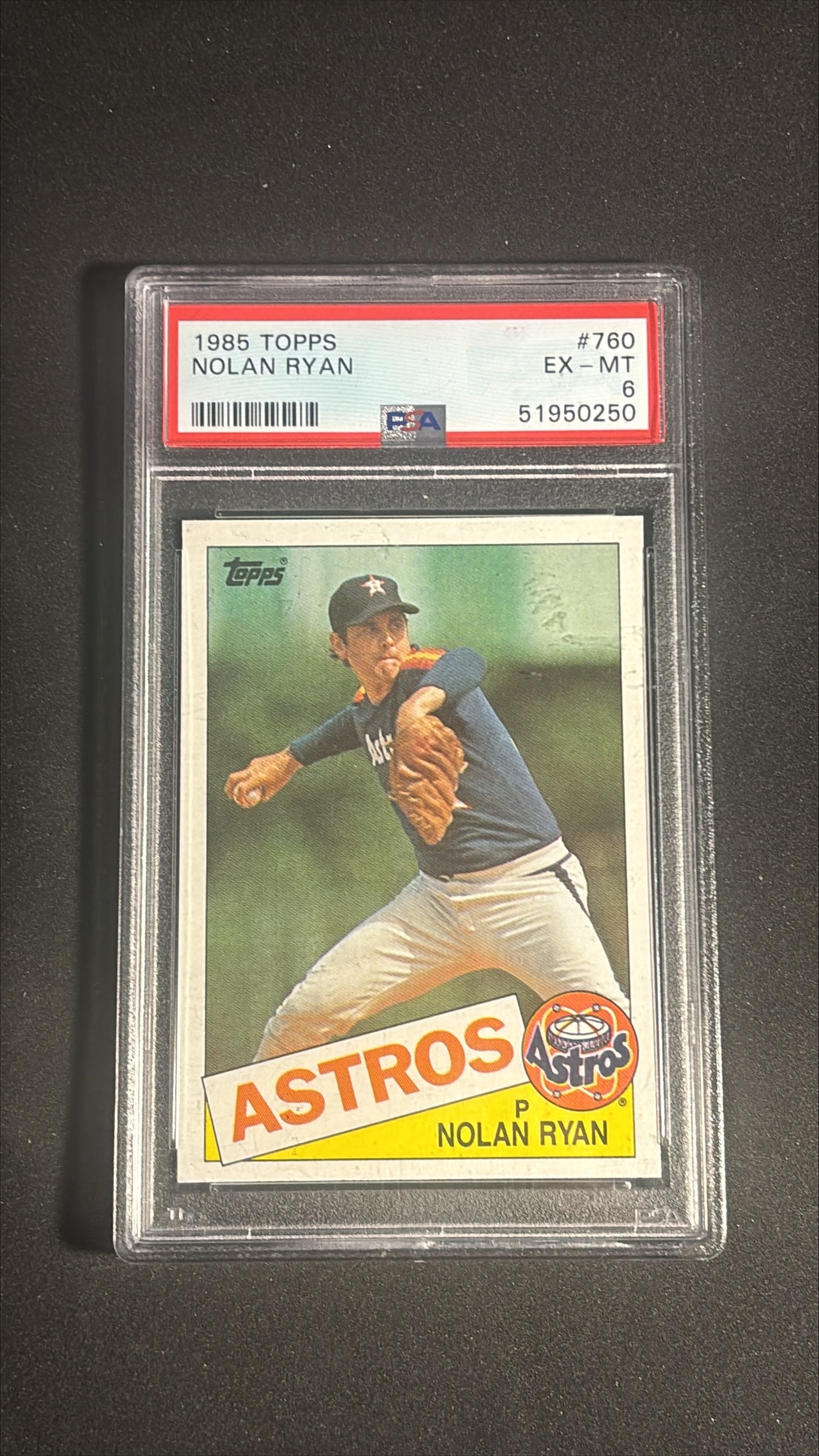 1985 Topps Nolan Ryan #760 PSA 6: 1985 Topps Nolan Ryan card number 760, graded EX-MT 6 by PSA, certification number 51950250. The card shows clean corners and bright original color, with good centering front and back. Surface is clea