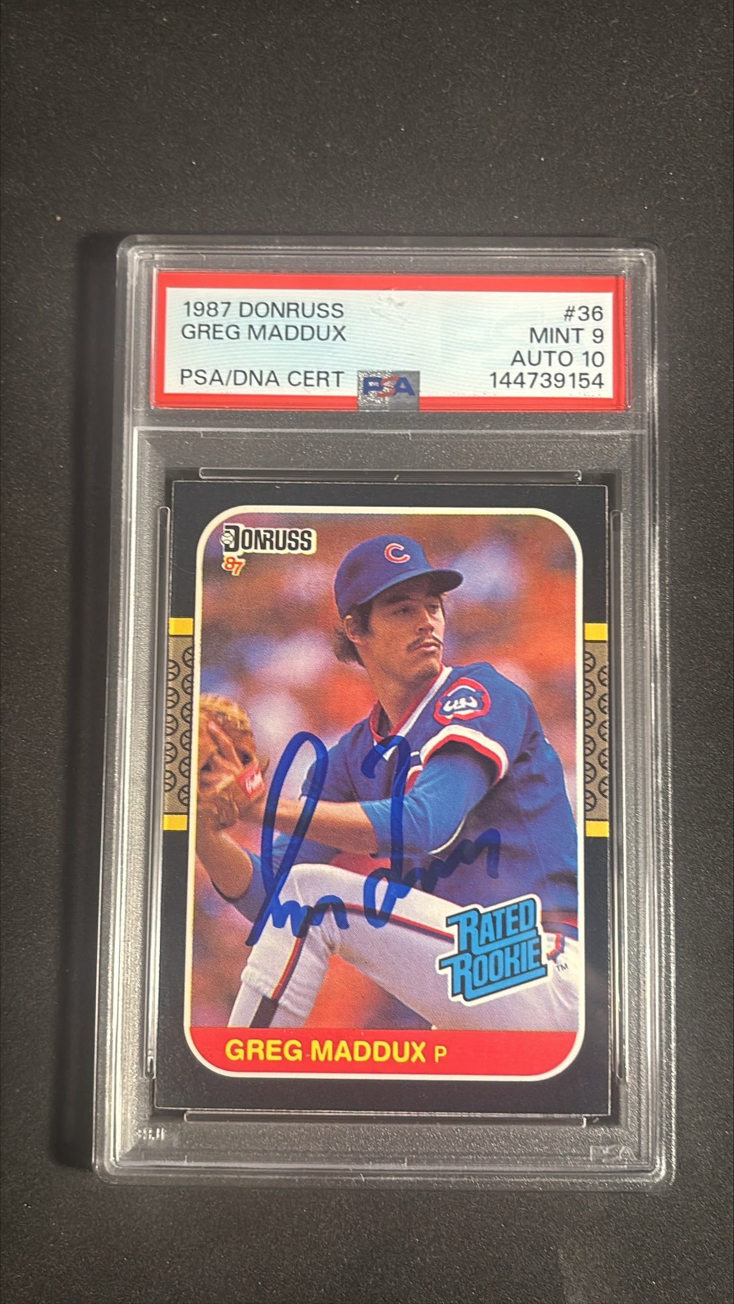 1987 Donruss Greg Maddux #36 Rated Rookie PSA/DNA Mint 9 Auto 10 (1 of 2)