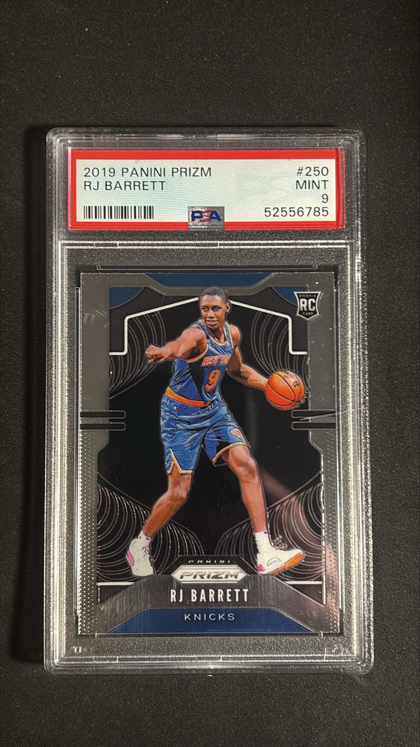 2019 Panini Prizm RJ Barrett #250 PSA 9 Rookie: 2019 Panini Prizm RJ Barrett rookie card number 250 graded PSA 9 Mint, certification number 52556785. The card displays a sharp Prizm refractor pattern, strong color, and clean edges and corners throu