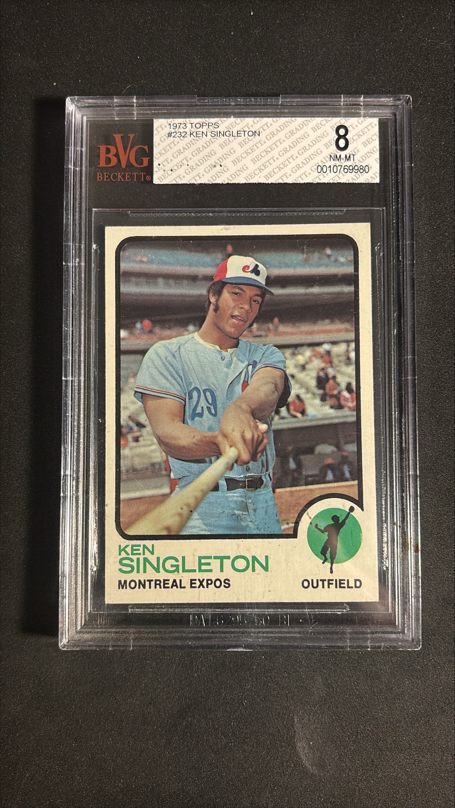 1973 Topps Ken Singleton #232 BVG 8: 1973 Topps Ken Singleton card number 232 graded BVG 8 Near Mint-Mint, certification number 0010769980. The card shows sharp corners, strong centering, and clean surfaces consistent with the grade. A n
