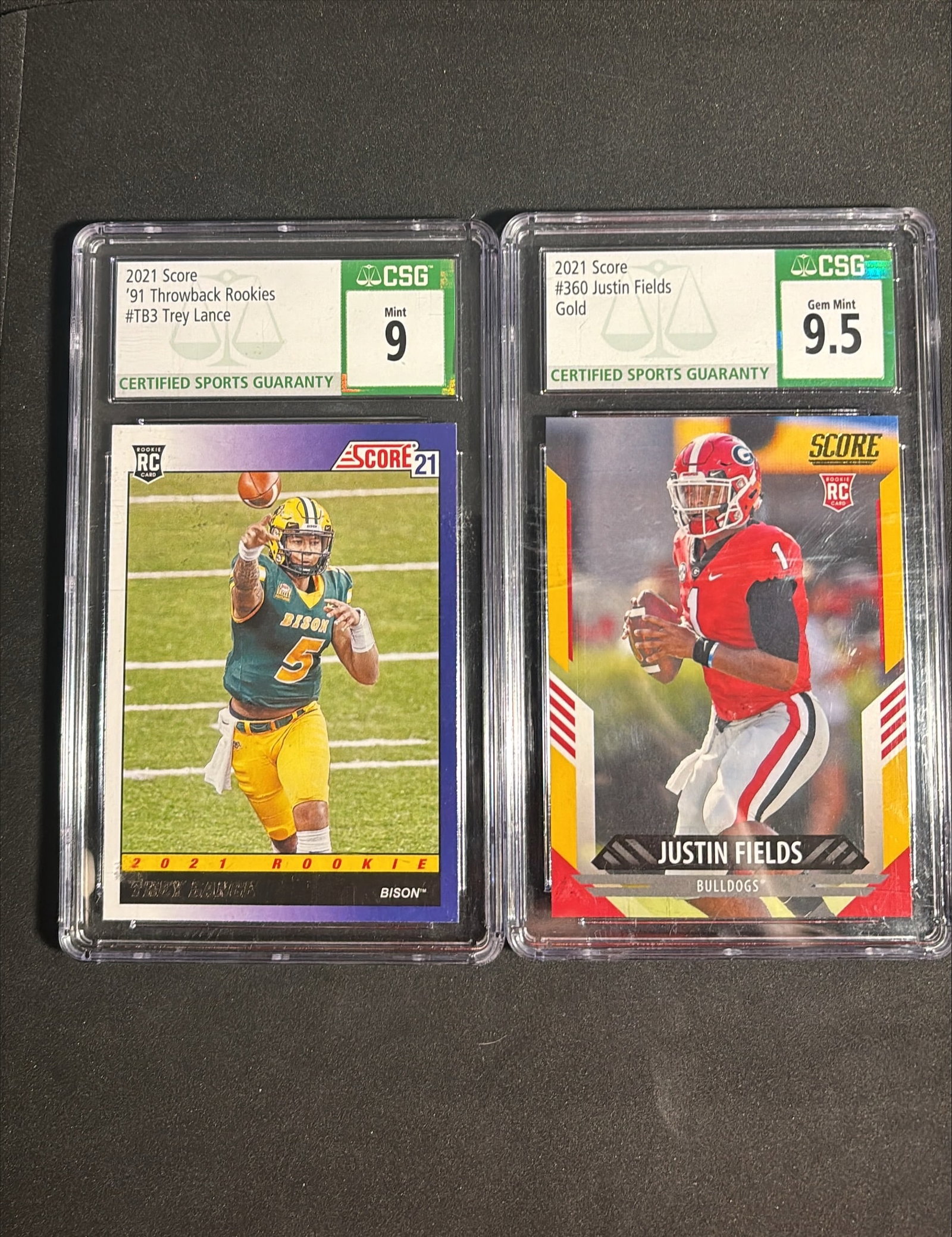 2021 Score Trey Lance 91 Throwback Rookie CSG 9 and Justin Fields Gold RC CSG 9.5 Two Card Lot (1 of 2)