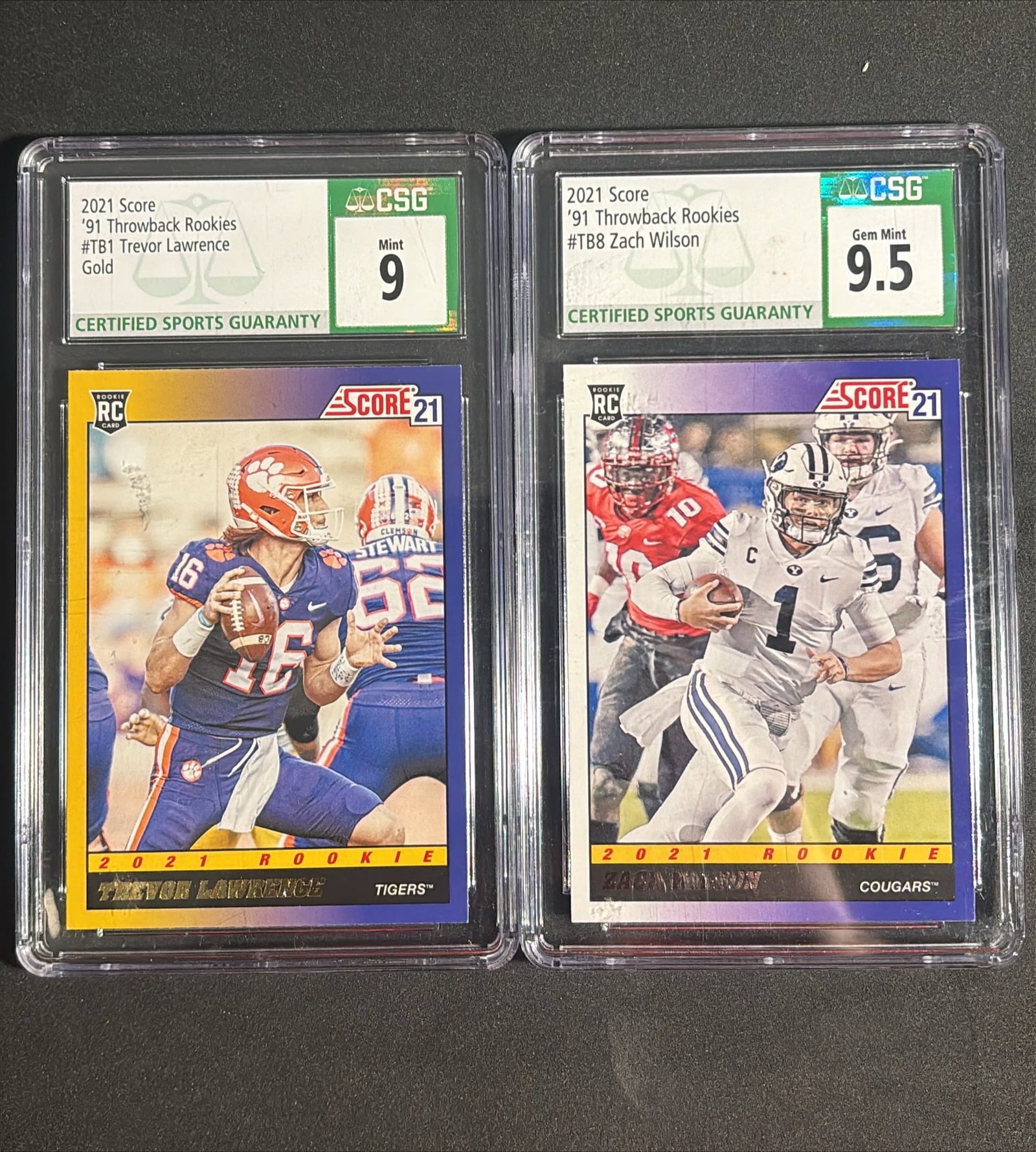 2021 Score 91 Throwback Rookies Gold Trevor Lawrence #TB1 CSG 9 / Zach Wilson #TB8 CSG 9.5 (1 of 2)