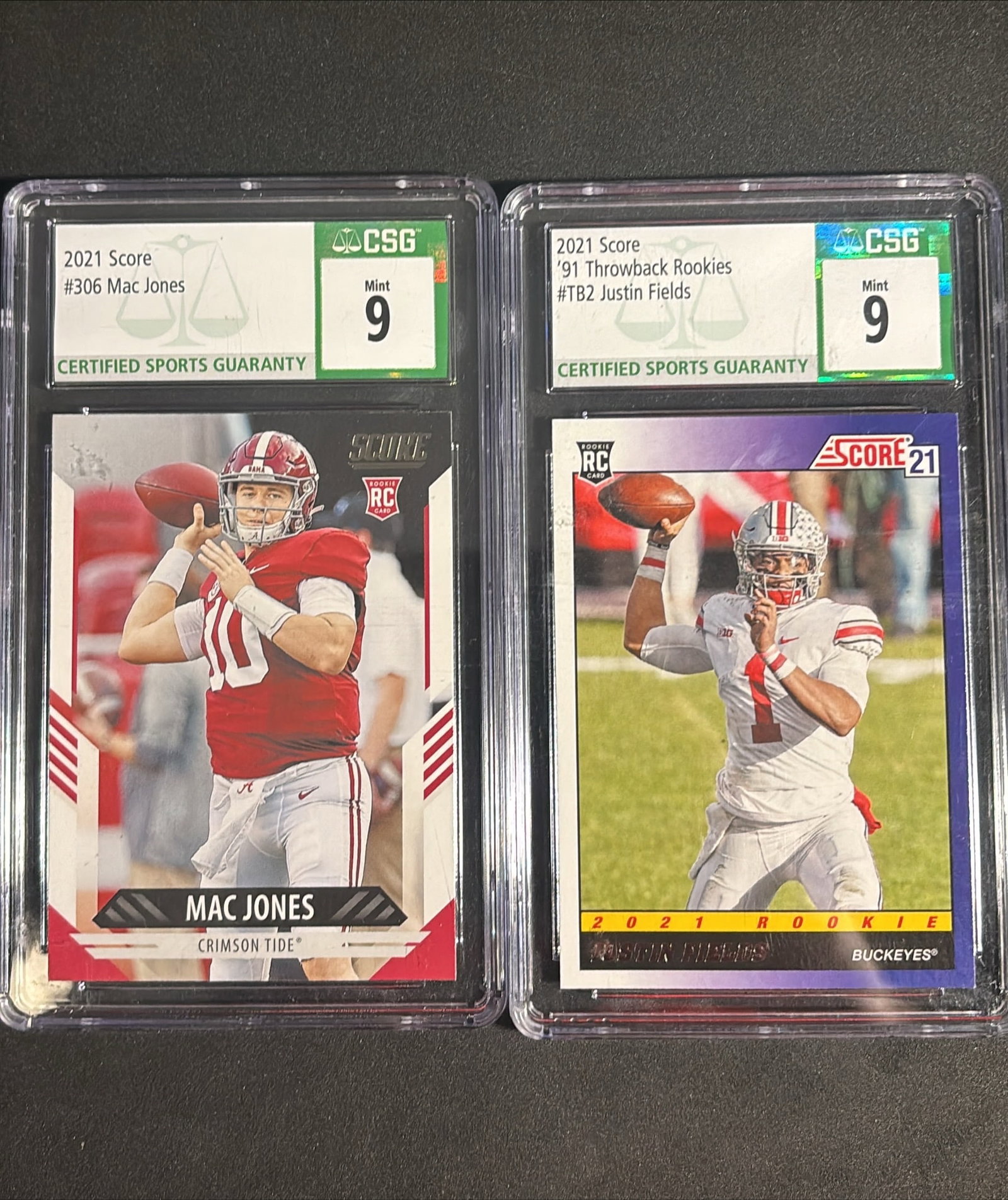 2021 Score Mac Jones Rookie #306 CSG 9 / Justin Fields 91 Throwback #TB2 CSG 9 (1 of 2)