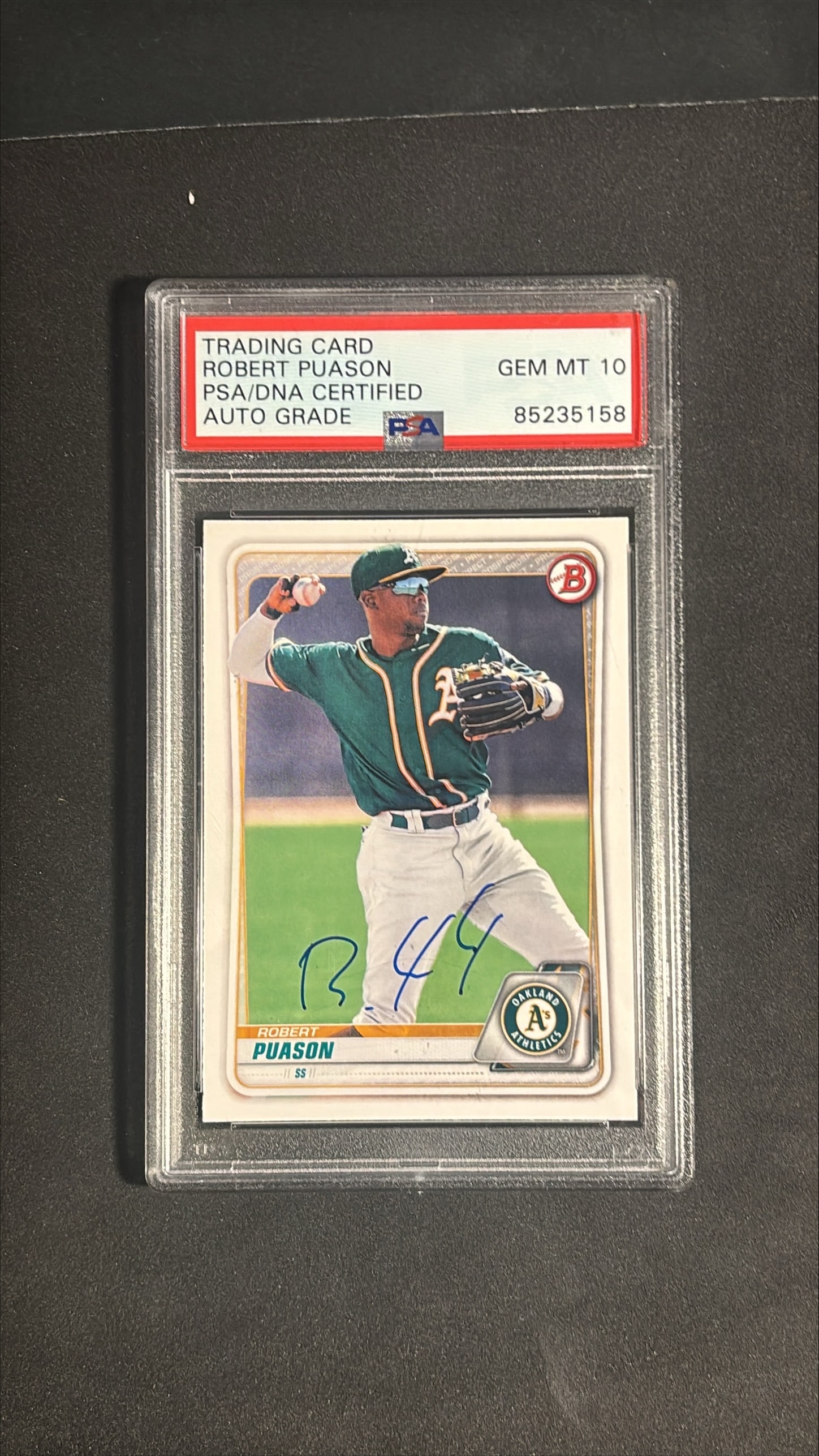 2020 Bowman Draft Robert Puason Certified Autograph PSA 10 Auto Grade 10: 2020 Bowman Draft Robert Puason card number BD-155 featuring an on card autograph certified and graded by PSA DNA at Auto Grade 10, with the card itself graded Gem Mint 10 (cert 85235158). The autogra