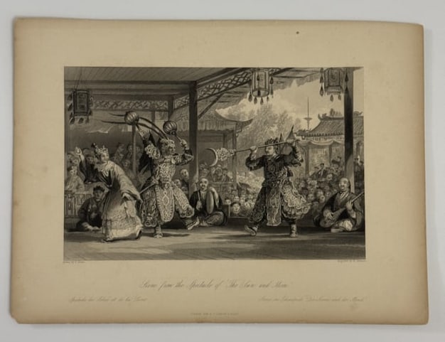 Thomas Allom Steel Engraving - Scene from the Spectacle of "The Sun and Moon": Finely executed mid 190th century steel engraving after Thomas Allomg, engraved by R. Staines, depicting a dramatic Chiense theatrical performance from "The Sun and Moon." Issued by Fisher, Son & Co.,